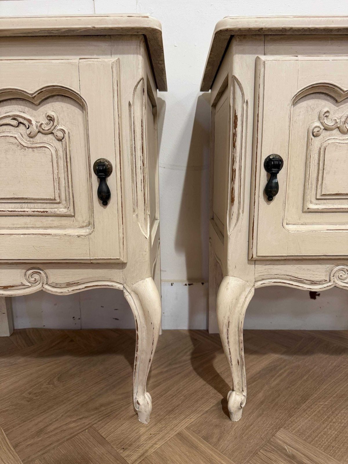 Vintage French Painted Pair Of Pot Cupboard Bedsides Tables Pair Of French Bedside Tables photo for sale