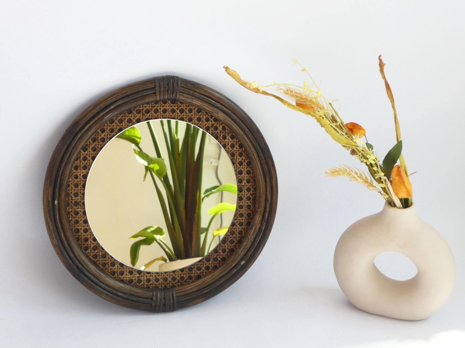 Vintage Round Vintage Bamboo Wall Mirror, Mid Century Boho Style Mirror, Wall Decor