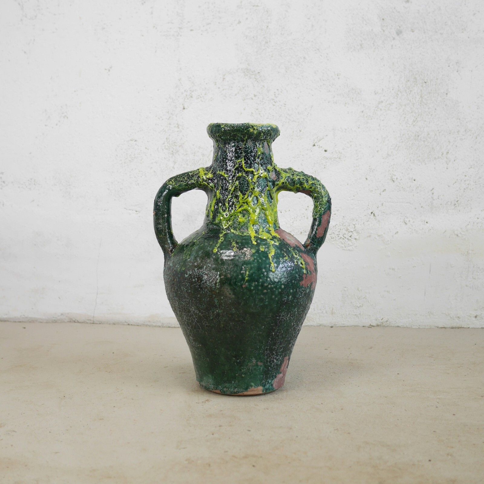 Terracotta Green Fat Lava Glazed Olive Jar Rustic Vase Urn Pot Amphora #102926 photo for sale