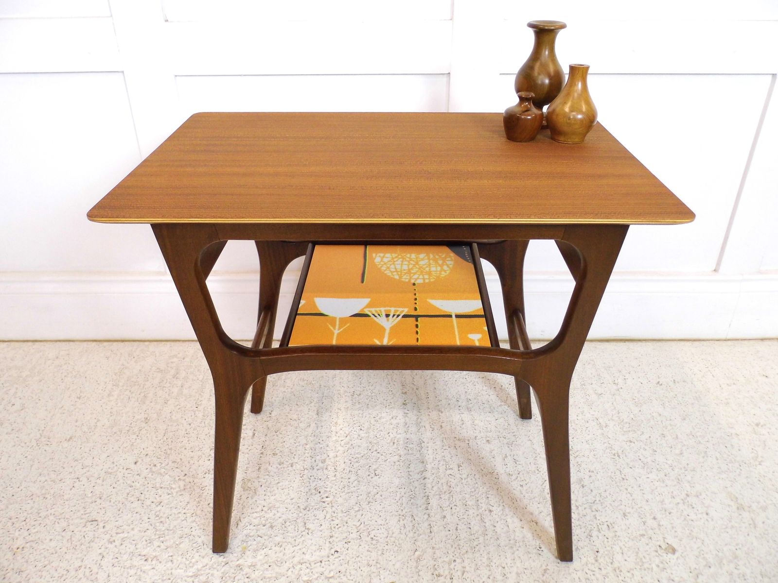 Vintage Mahogany 1950s Tv Radio Stand Side Table Restyled Adstract Panel