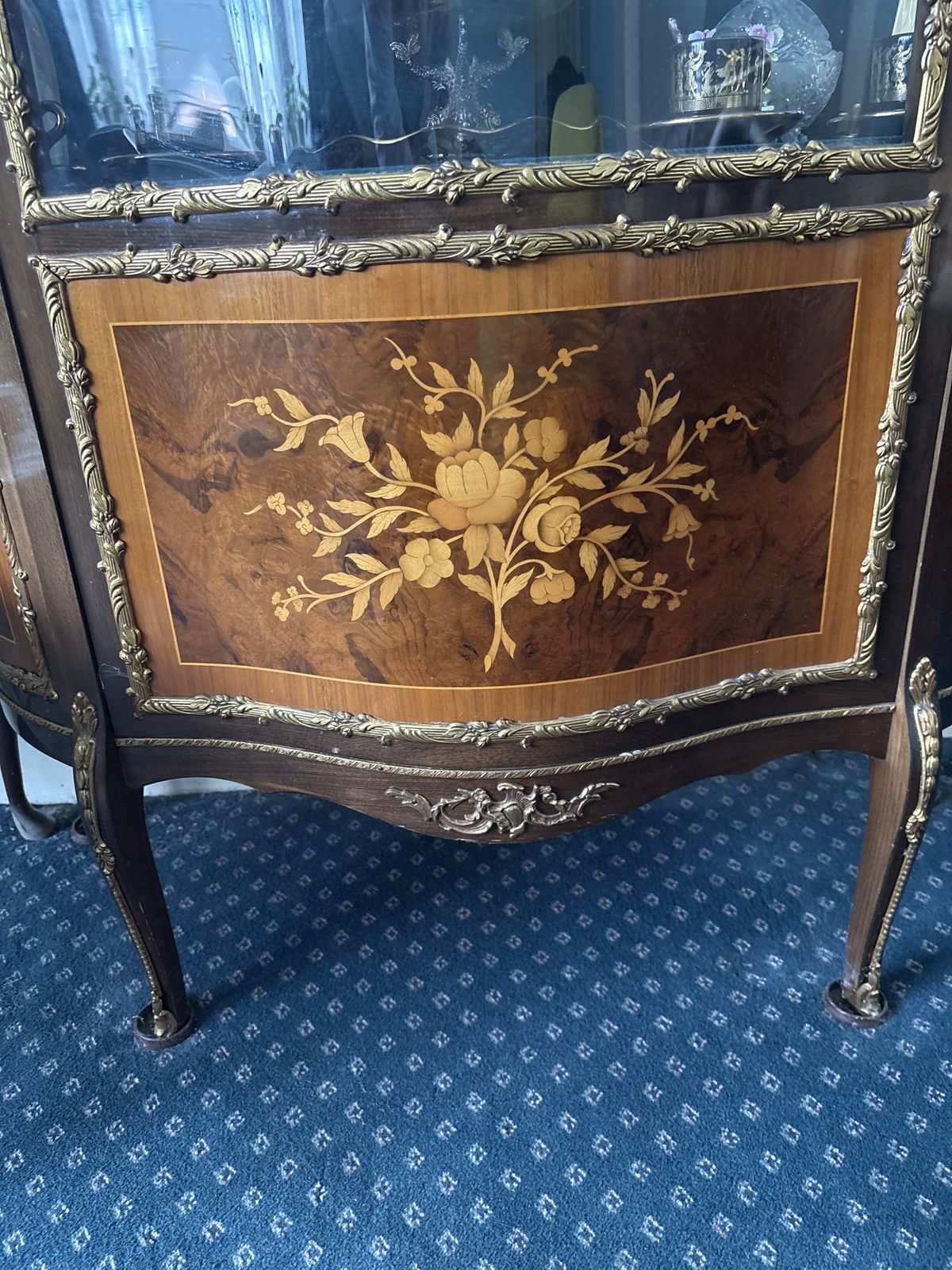 80s Wooden & Glass Cabinet With Brass Detail photo for sale