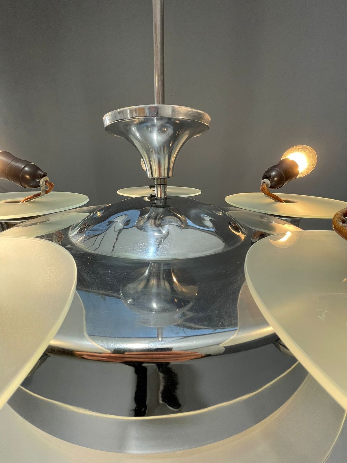 1930s Art Deco Chrome Chandelier With Frosted Glass Disc Shades – Czech Vintage Lighting photo buy