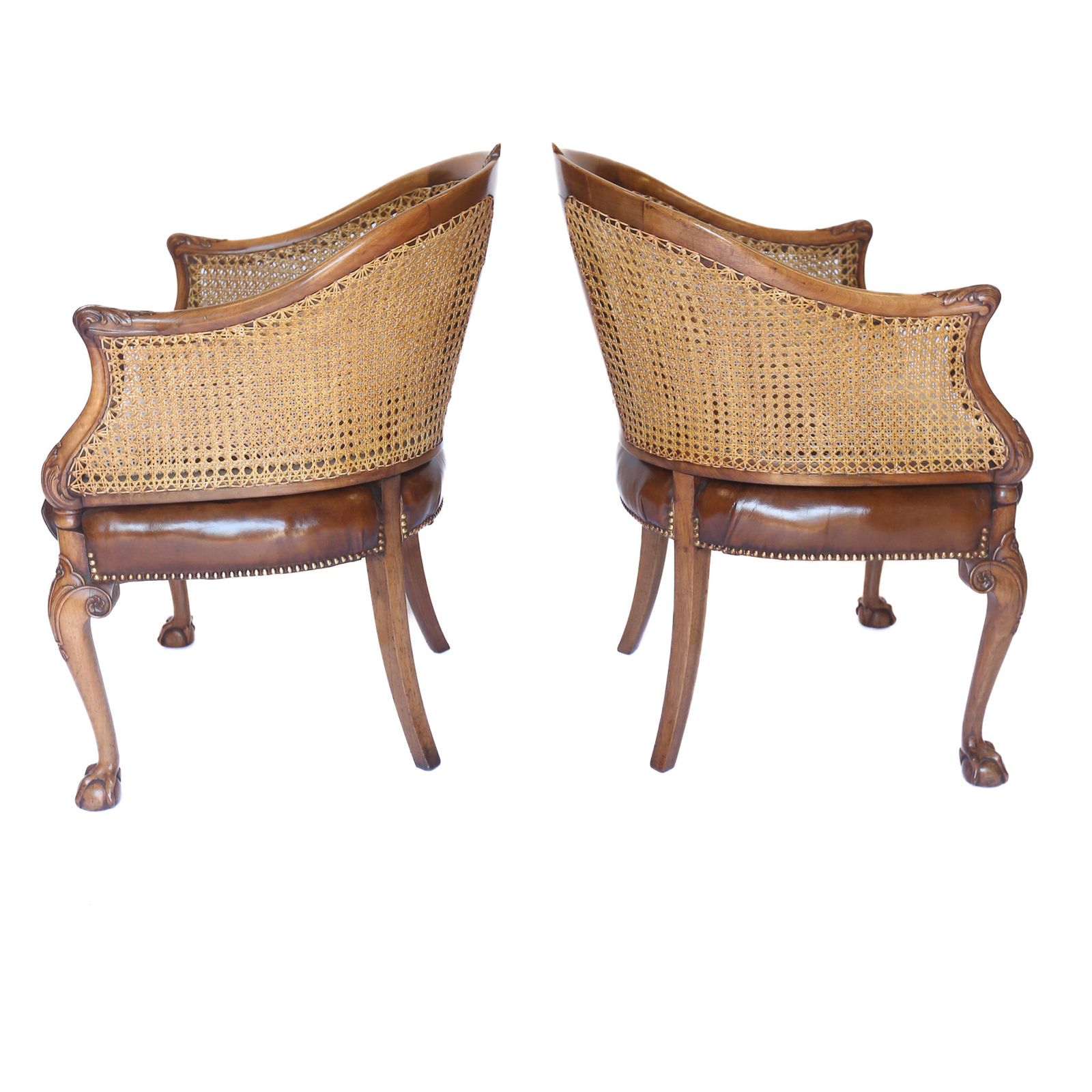 Fine Pair Walnut & Carved Bergere Tub Shaped Chairs 1920s photo vintage