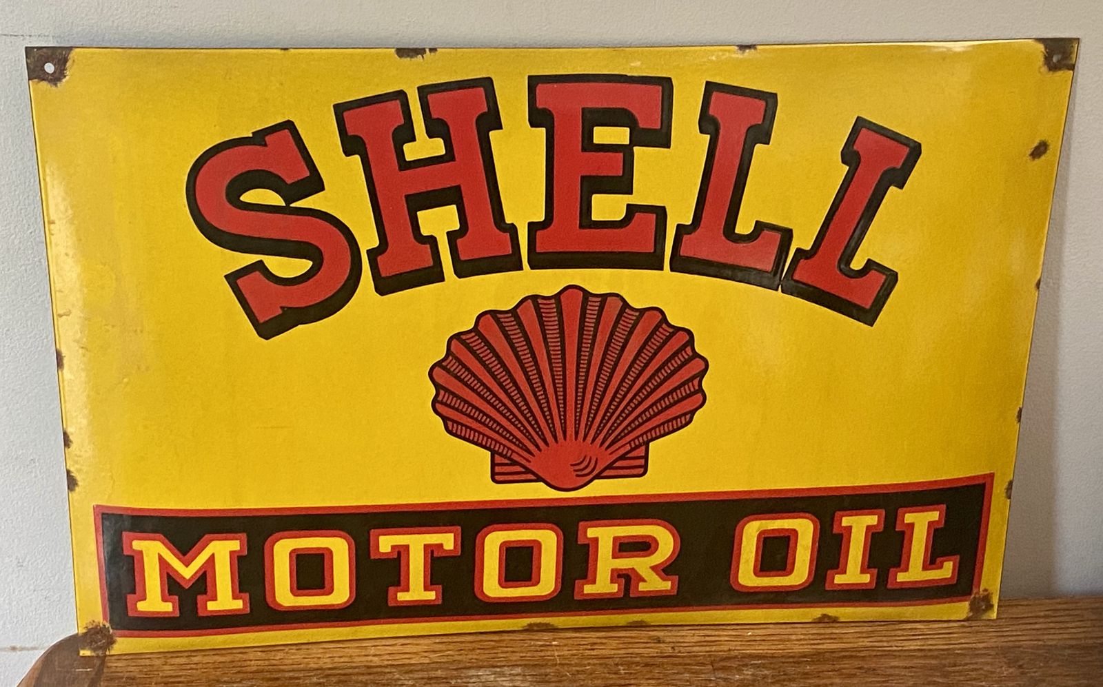 Shell Motor Oil Garage Automotive Sign Automobile Gas Petrol Dealer Dealership Advertising Service Station Old Stickman Clam Petrol Can Jug Bp Essso photo for sale