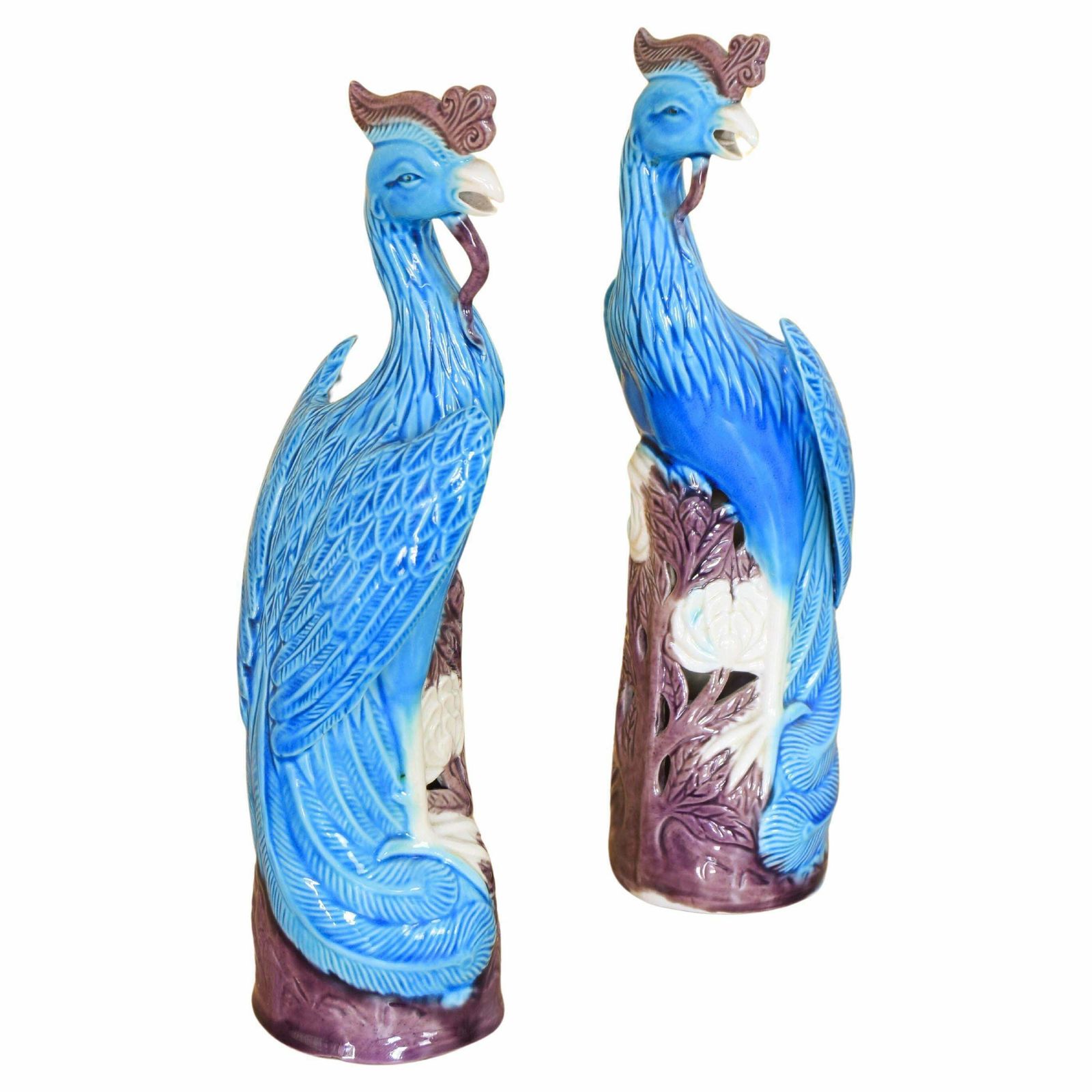 Pair Of Turquoise Porcelain Foo Peacocks Mid Century Chinise 1950s