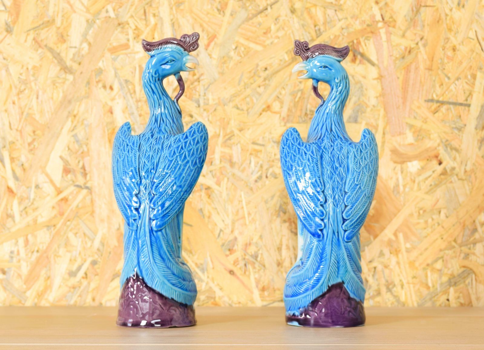 Pair Of Turquoise Porcelain Foo Peacocks Mid Century Chinise 1950s photo 575.0