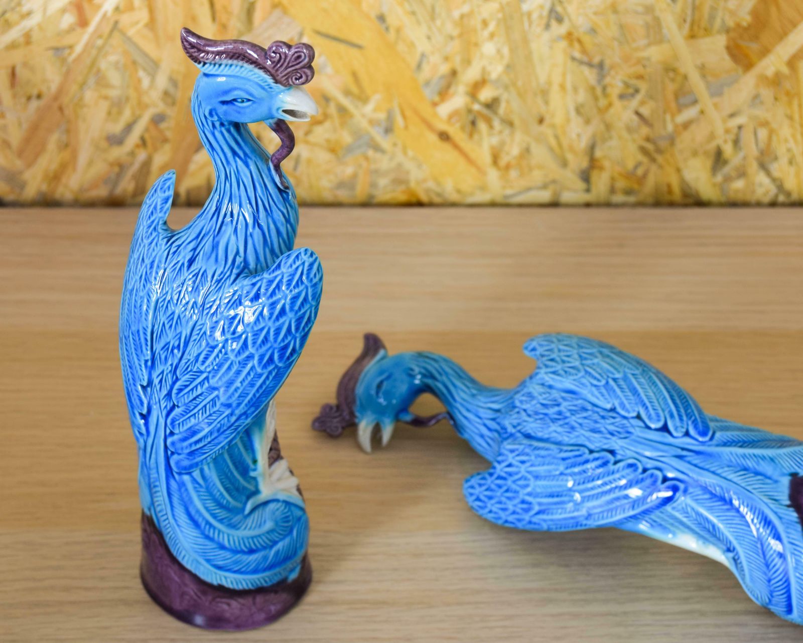 Pair Of Turquoise Porcelain Foo Peacocks Mid Century Chinise 1950s photo vintage
