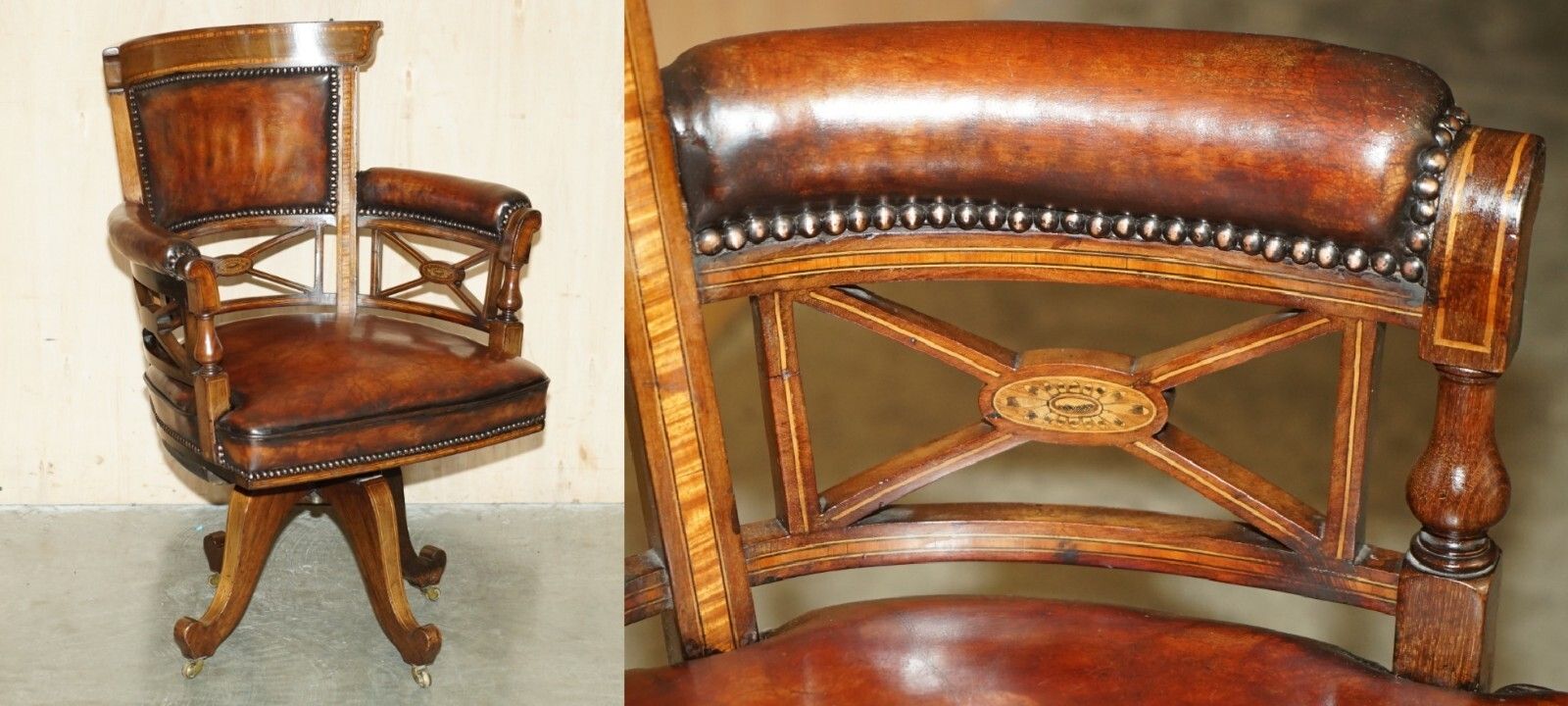 Antique Victorian Cornelius V Smith Fully Restored Brown Leather Captains Chair