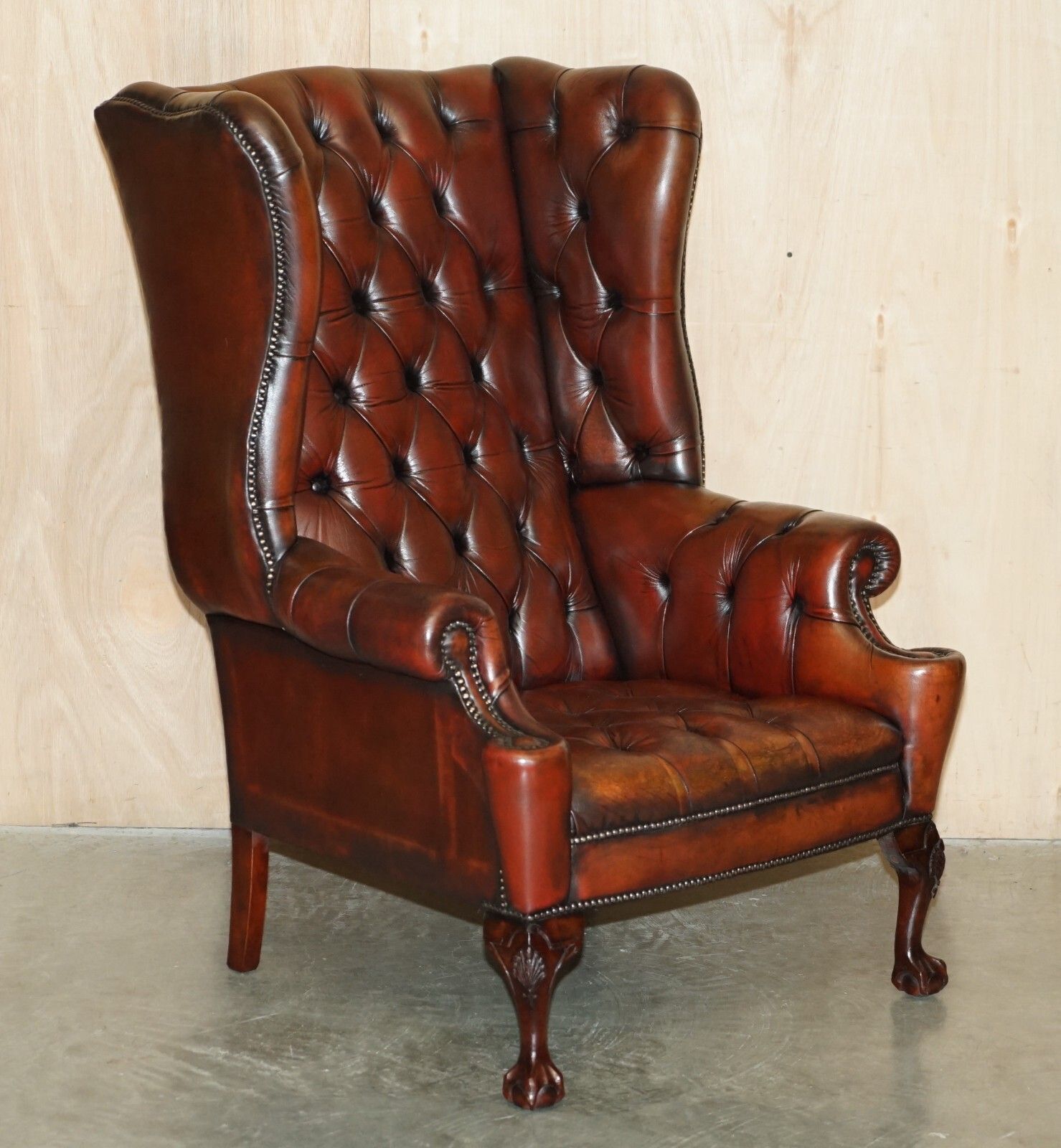 Pair Of Fully Restored Chesterfield Claw & Ball Feet Wingback Armchairs & Stools photo Furniture