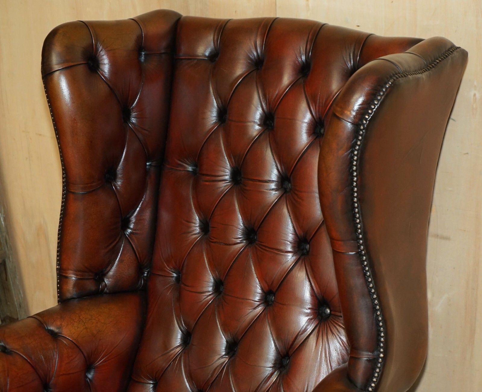Pair Of Fully Restored Chesterfield Claw & Ball Feet Wingback Armchairs & Stools photo vinterior