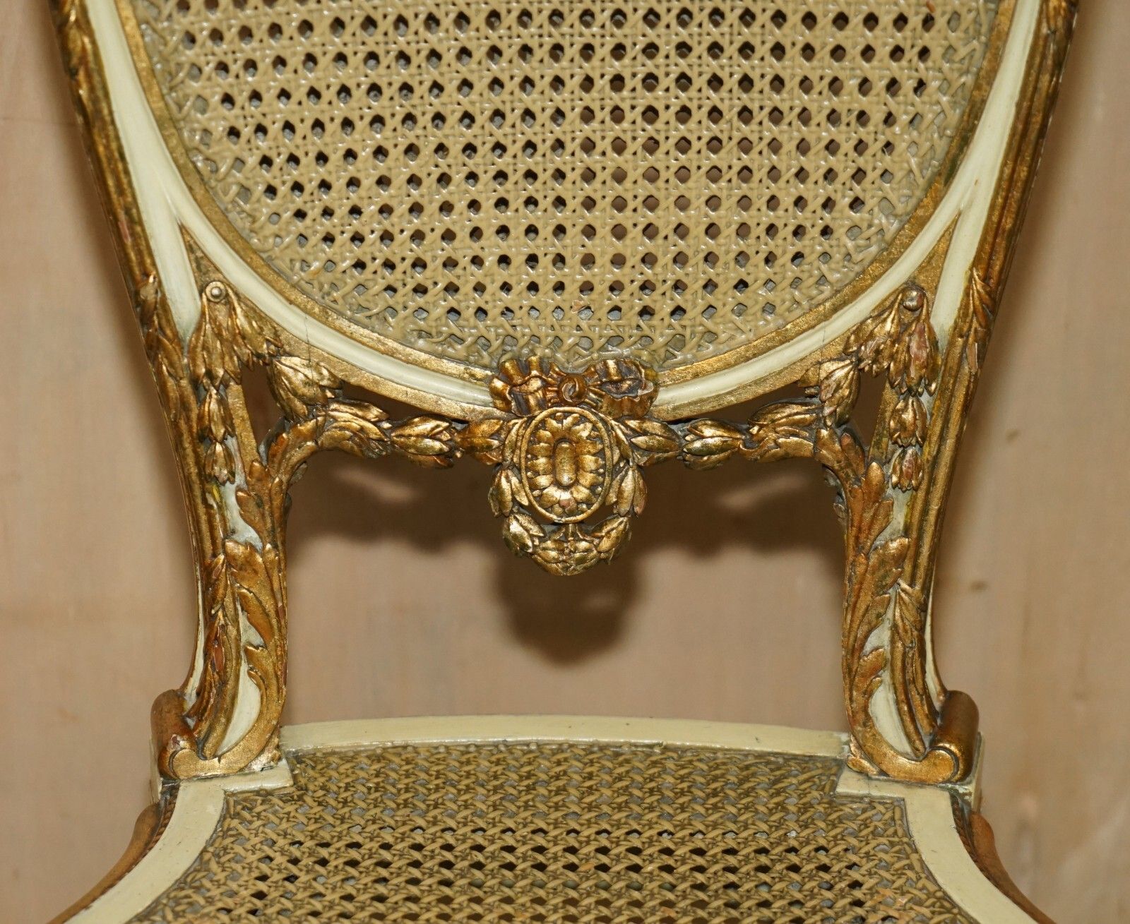 Four Stunning Louis XVI French Carved Giltwood Double Caned Bergere Side Chairs photo 2350.0