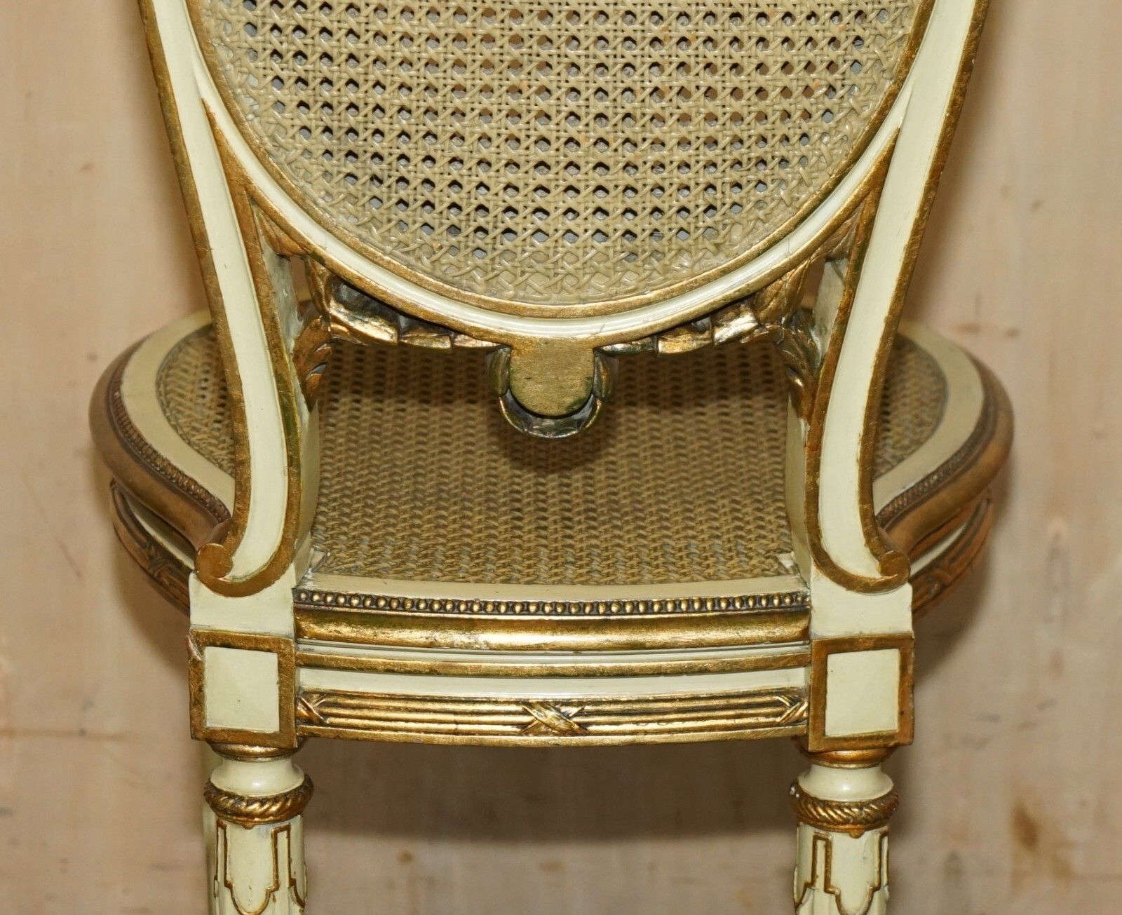 photo vintage Four Stunning Louis XVI French Carved Giltwood Double Caned Bergere Side Chairs