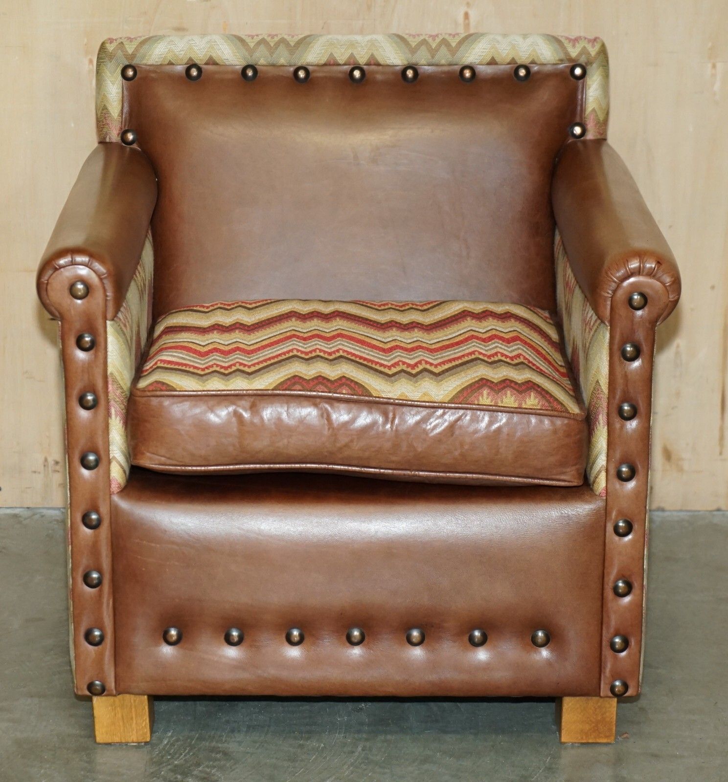 Pair Of Andrew Martin Marlborough Brown Leather Reversible Kilim Armchairs photo for sale