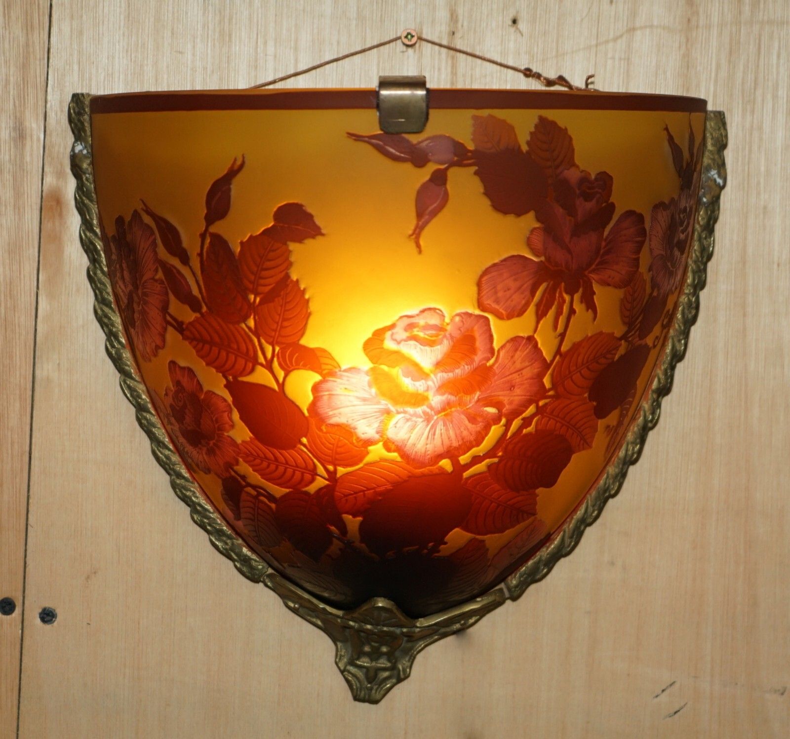 Four Original French Emile Galle Cameo Glass & Brass Wall Mounted Sconces Lights photo furniture
