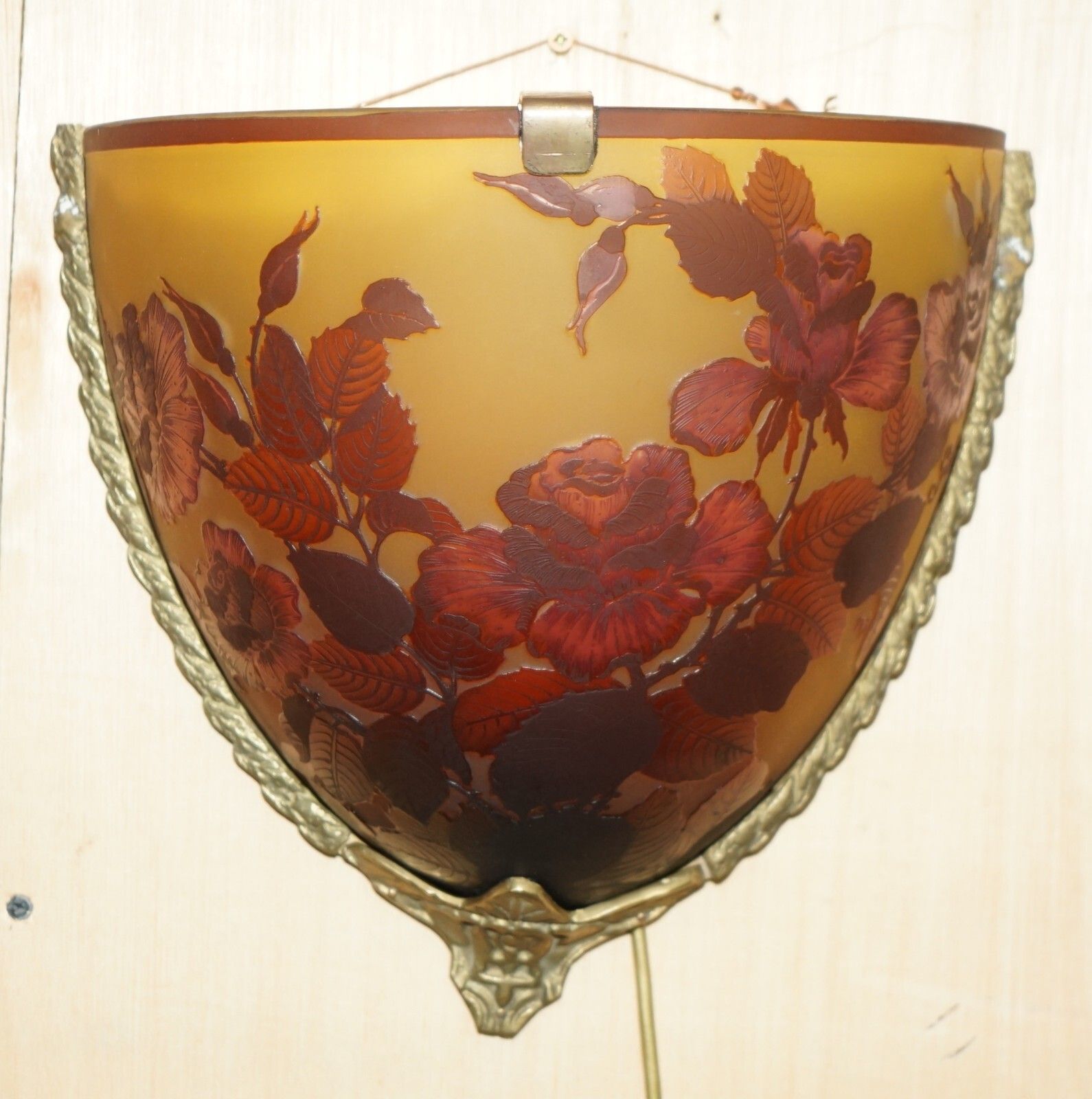 Four Original French Emile Galle Cameo Glass & Brass Wall Mounted Sconces Lights photo for sale