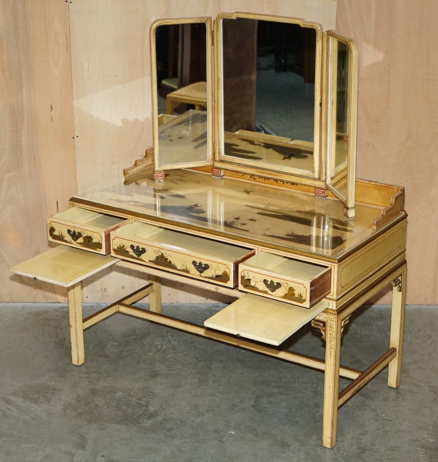 photo vinterior Exquisite Chinese Chinoiserie Walnut Dressing Table & Stool Part Of A Suite