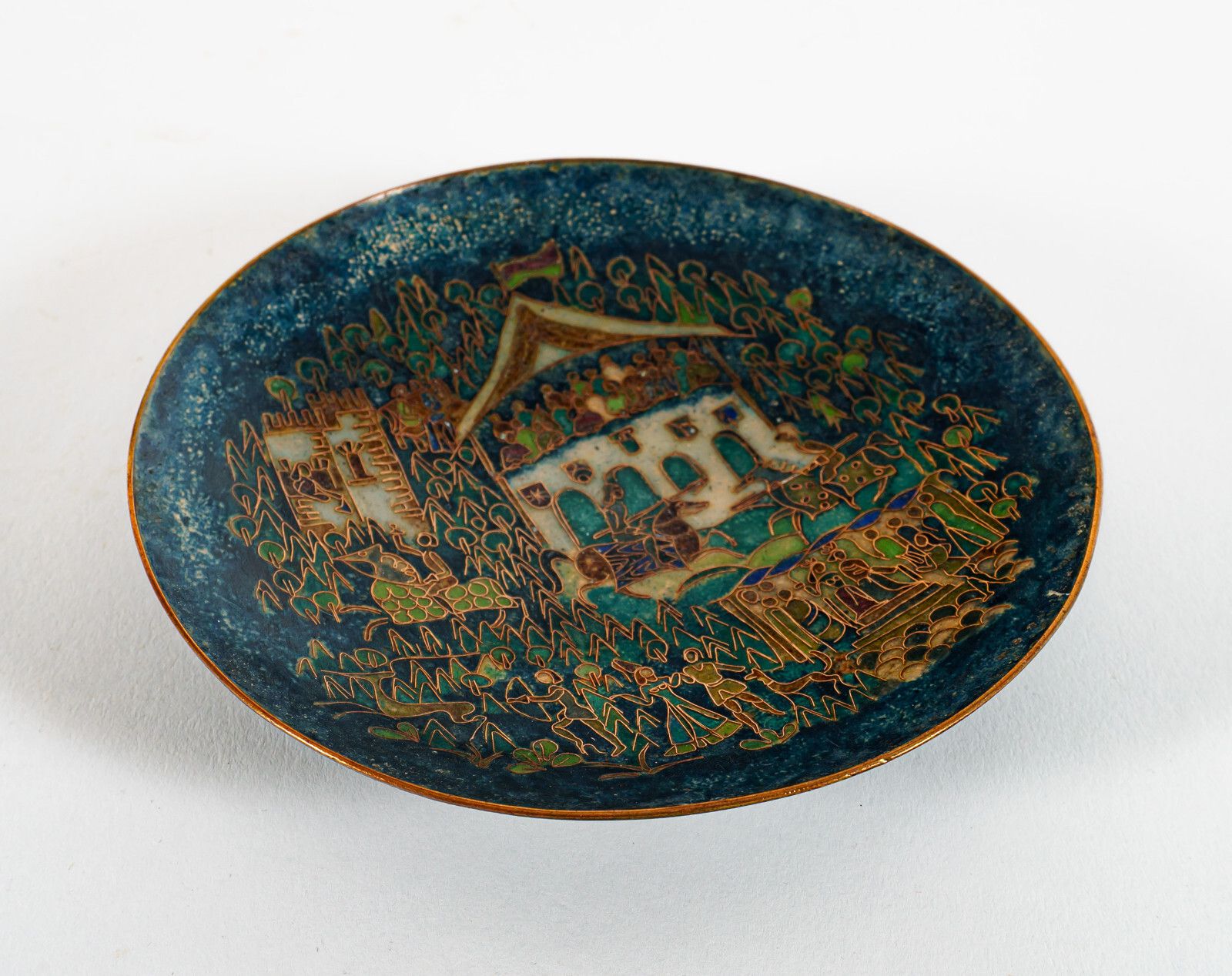 1970s Walter Lochmuller Fine Abstract Medieval Jousting Cloisonne Enamel Dish photo furniture