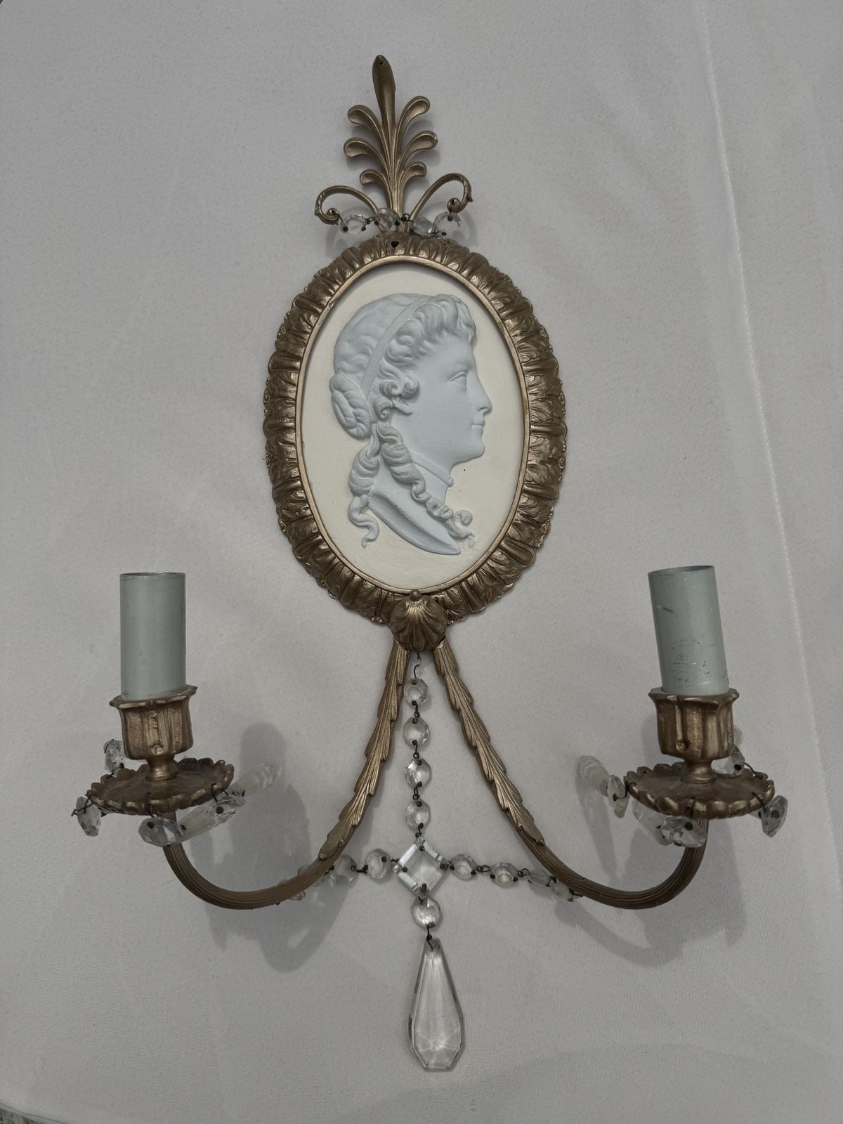 Pair Of Victorian Brass & Crystal Camo Sconces photo Lighting