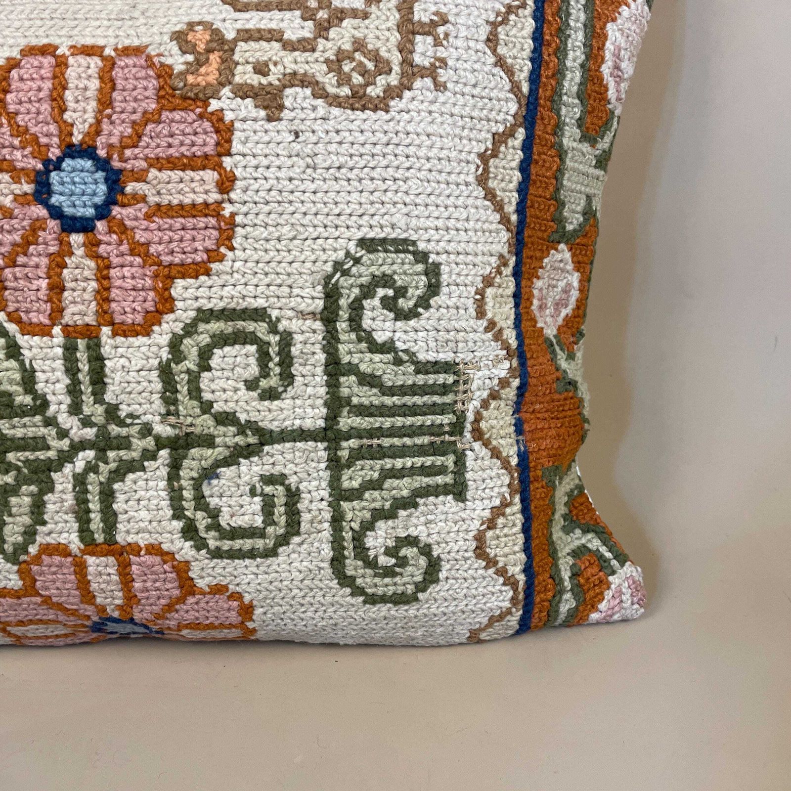 Moroccan Carpet Cushion Antique Kilim Pillow Feather Handmade 48x38cm Floral Feather Filled Handwoven Beige Traditional Rectangle Vintage photo for sale