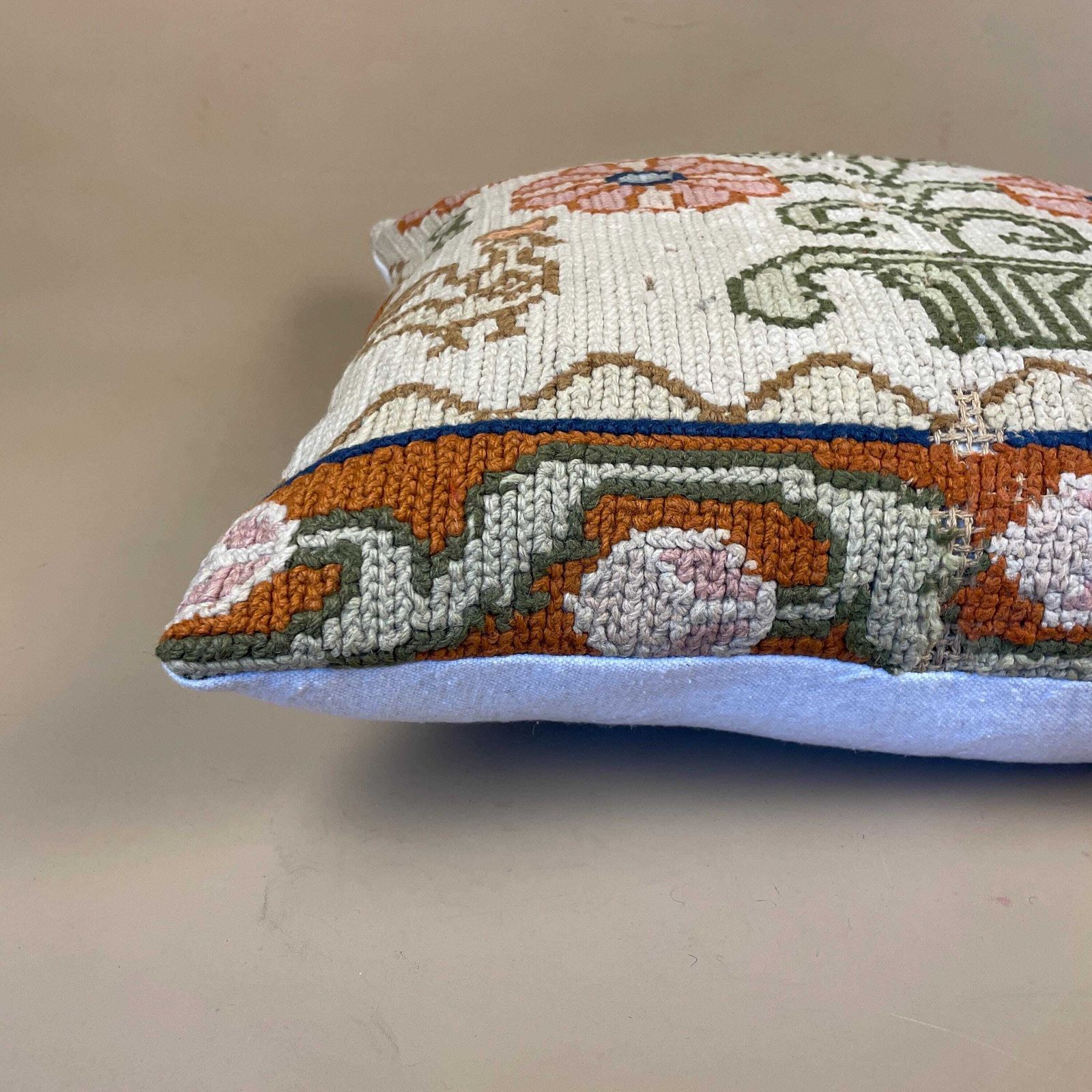 Moroccan Carpet Cushion Antique Kilim Pillow Feather Handmade 48x45cm Floral Feather Filled Handwoven Beige Traditional Rectangle Vintage photo Textiles
