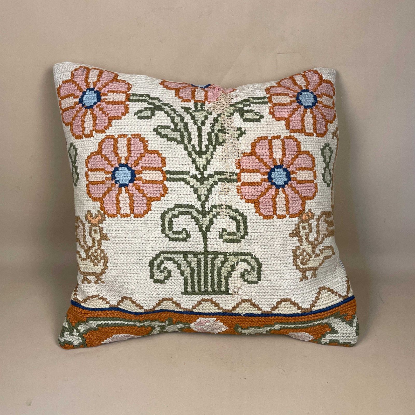 Moroccan Carpet Cushion Antique Kilim Pillow Feather Handmade 48x48cm Floral Bird Feather Filled Handwoven Beige Traditional Square Vintage