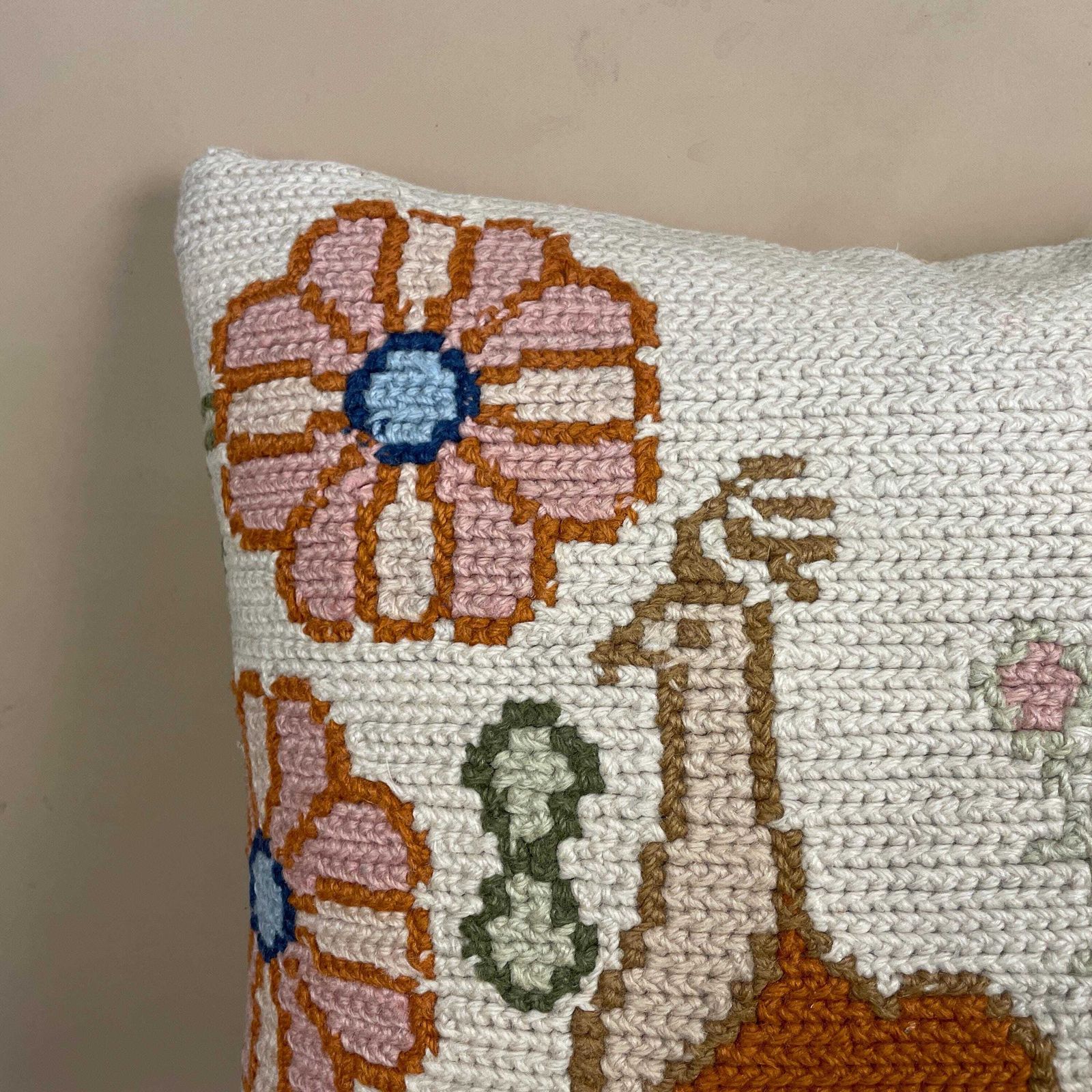 Moroccan Carpet Cushion Antique Kilim Pillow Feather Handmade 48x48cm Floral Bird Feather Filled Handwoven Beige Traditional Square Vintage photo furniture