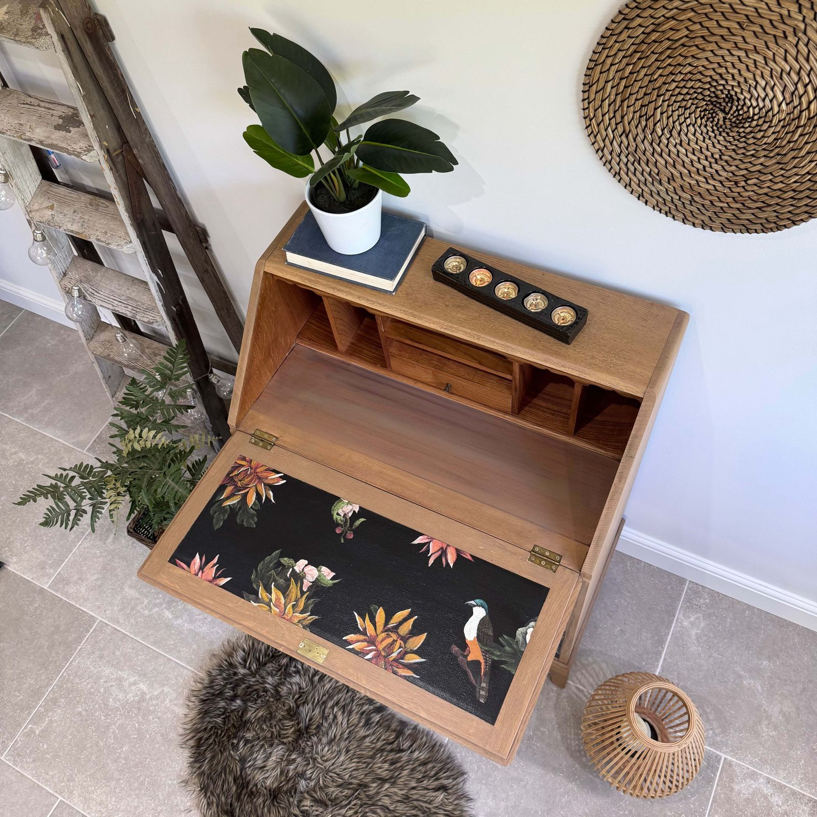 Furniture Vintage Oak Bureau Desk, Colourful Floral Decoupaged Drawers photo