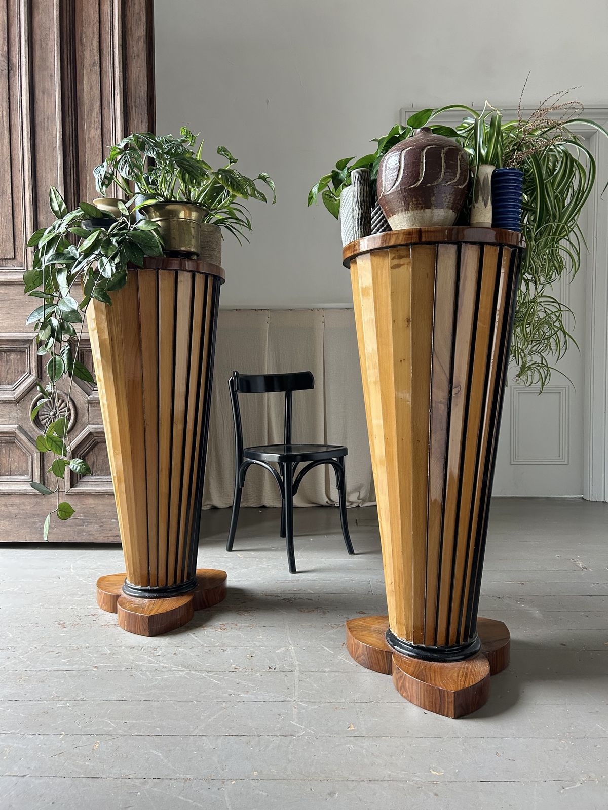 photo for sale Large Art Deco Walnut And Beech Column Stands Circa 1930