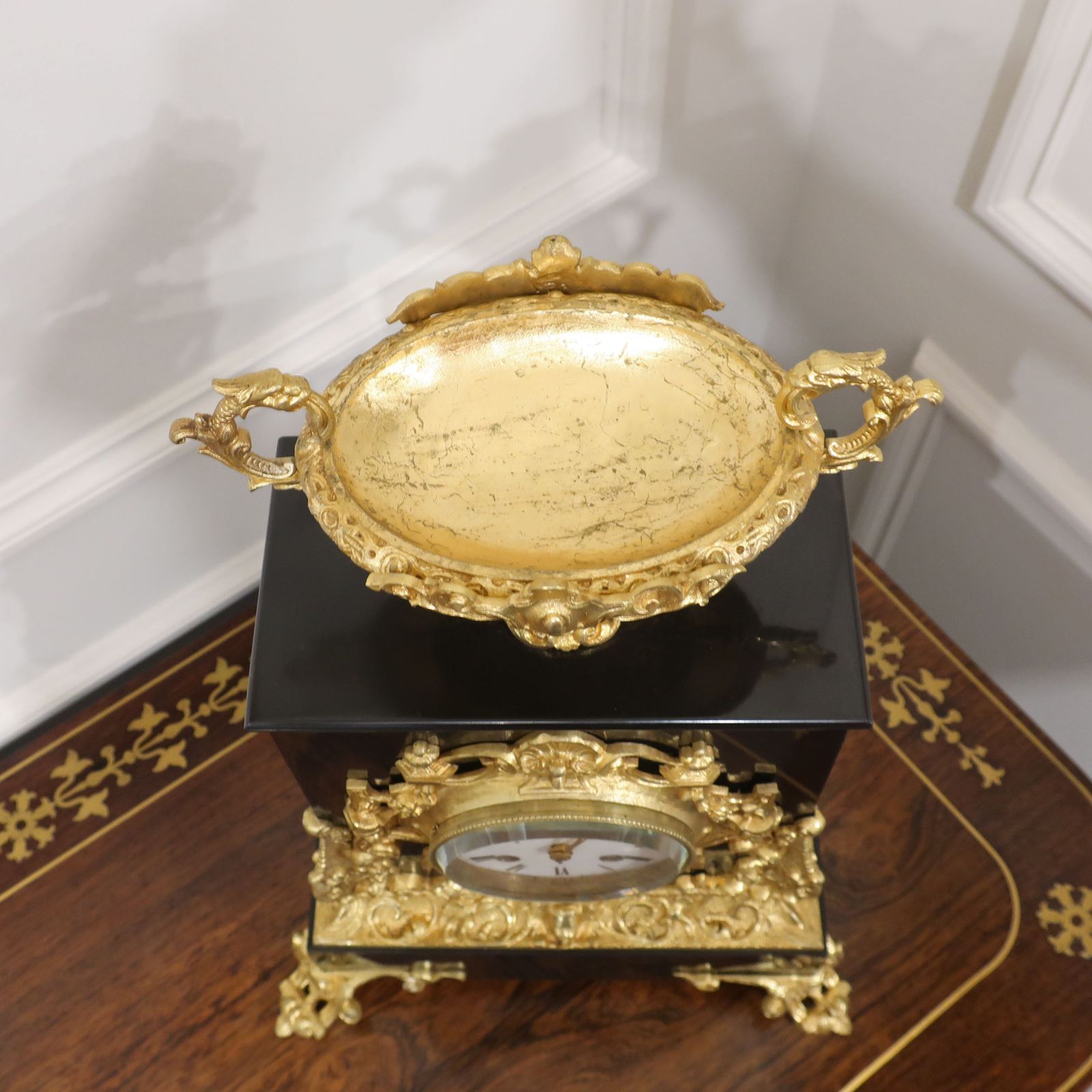 French Rococo Style Black Slate And Bronze Gilt Mantel Clock By Japy Freres photo vintage