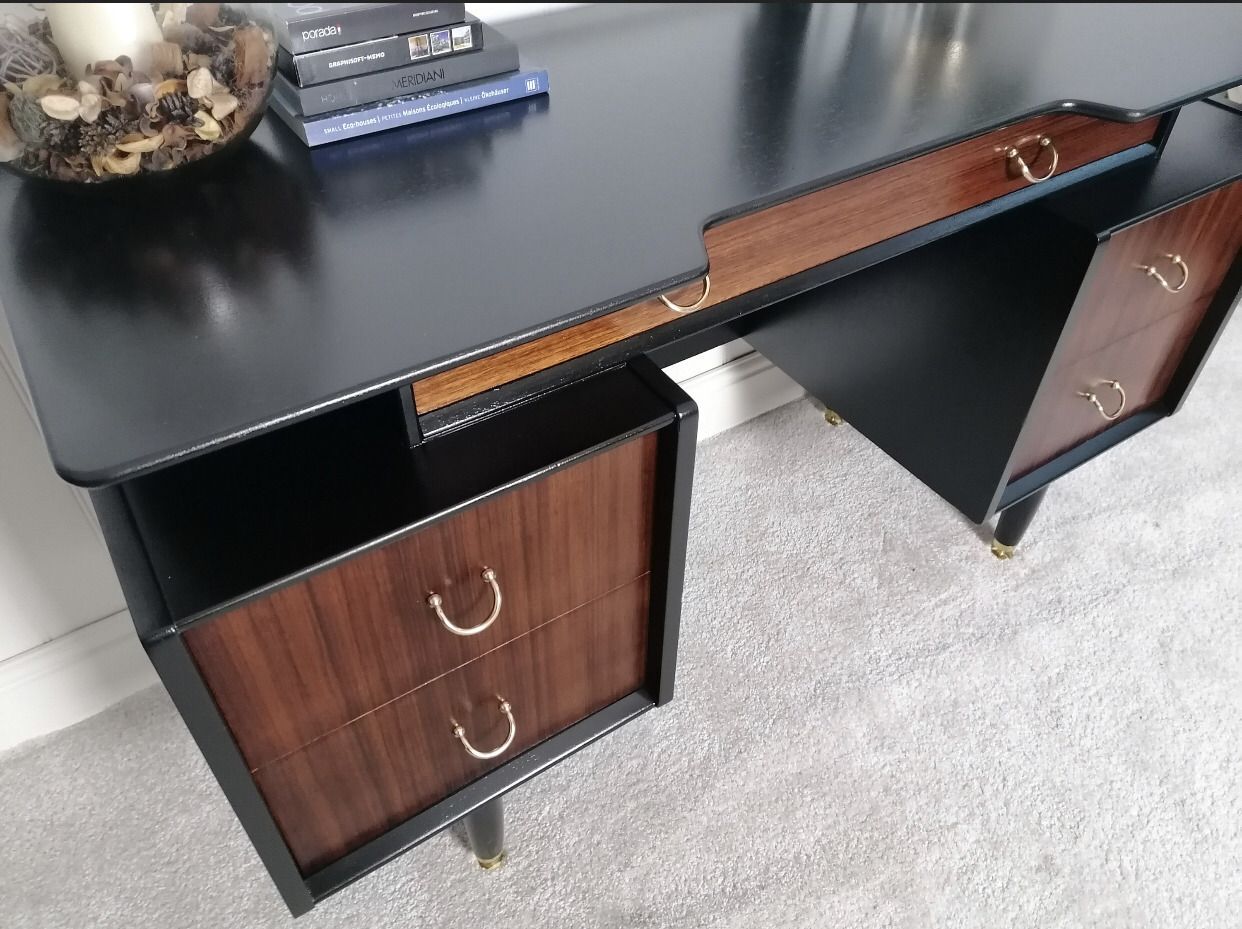 Mid Century Upcycled Painted Dressing Table For New Home Black And Gold Furniture For Bedroom Office photo for sale