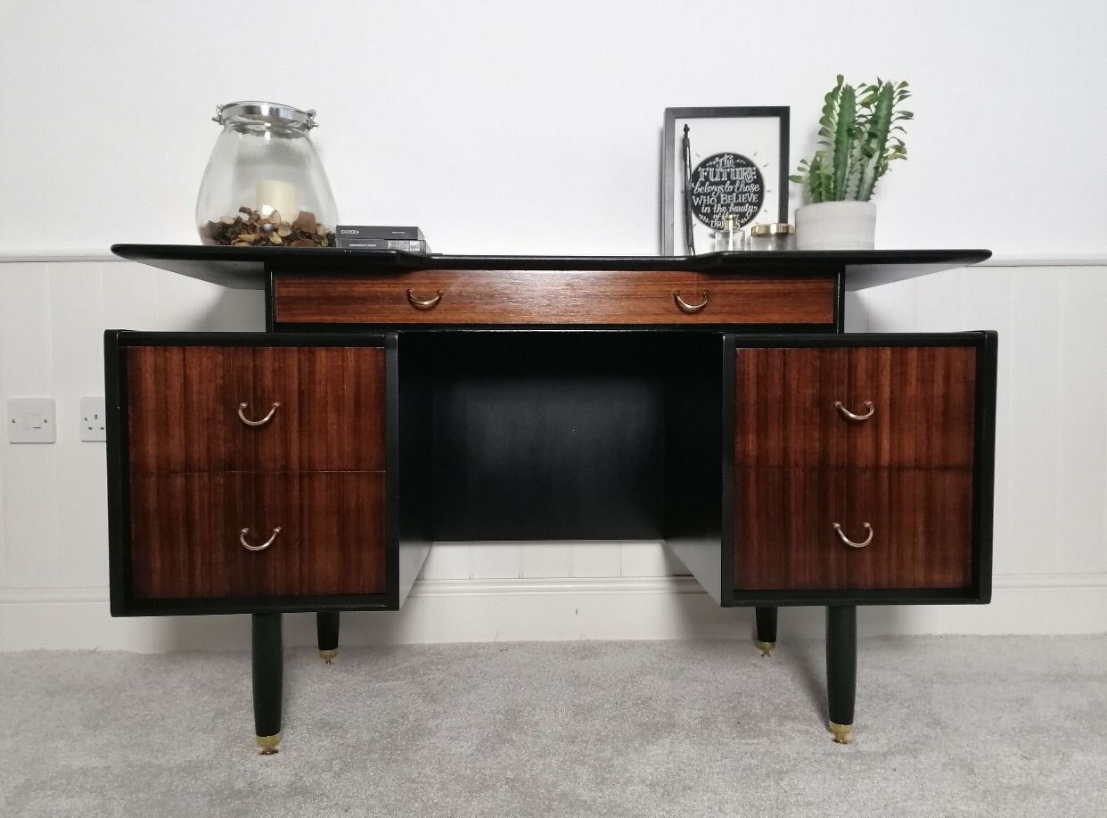 Mid Century Upcycled Painted Dressing Table For New Home Black And Gold Furniture For Bedroom Office photo vinterior