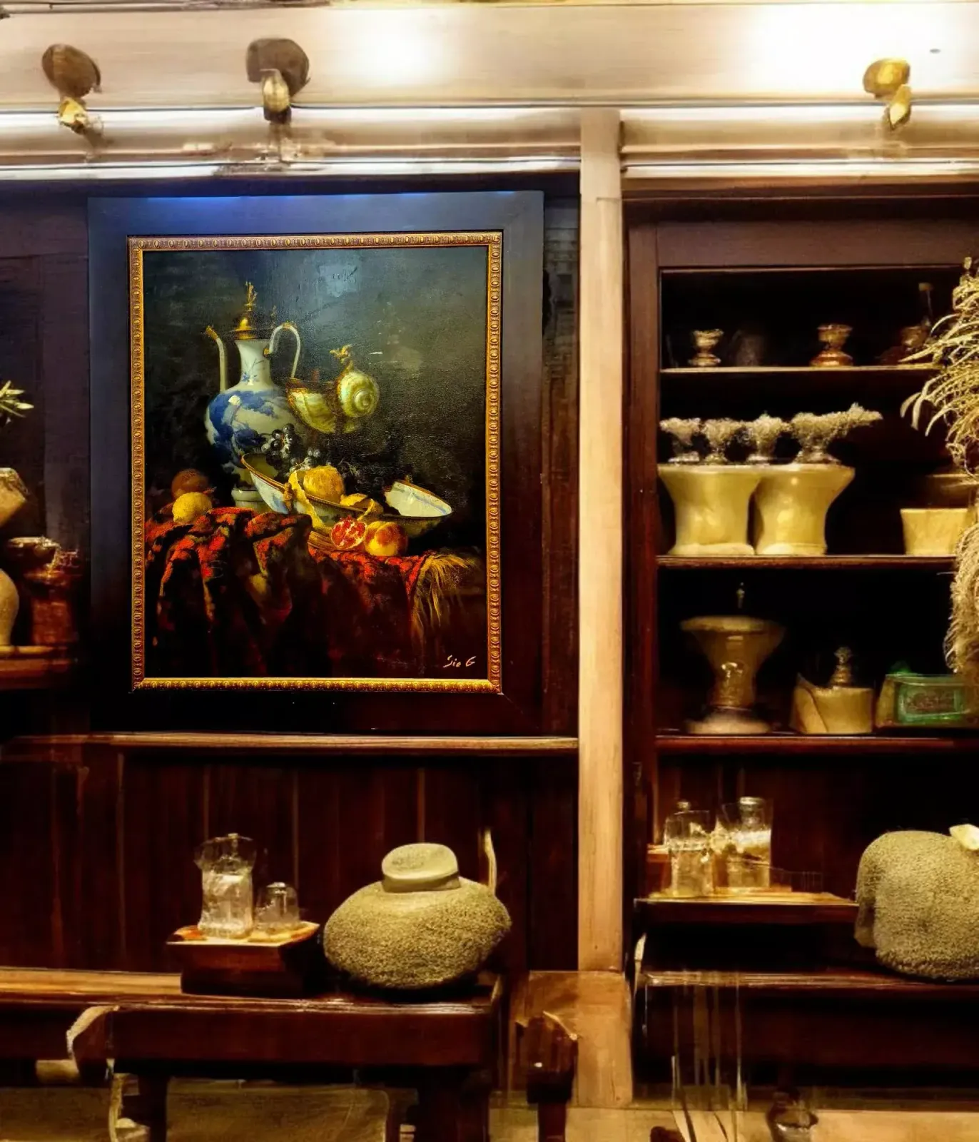 Still Life With Porcelain And Black Grapes Signed By Artist Sie G, 1997 photo vintage