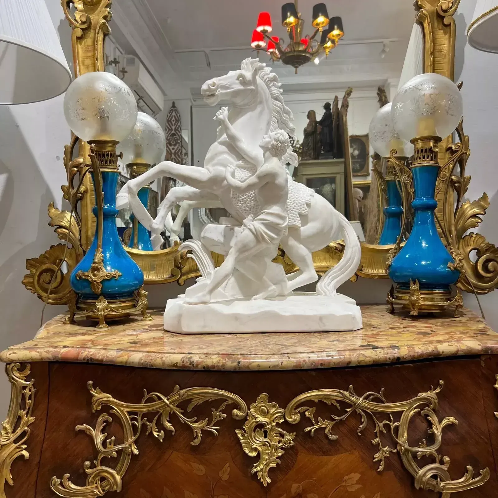 Pair Of Blue Glazed Earthenware Lamps In The Théodore Deck Style, 19th Century photo for sale
