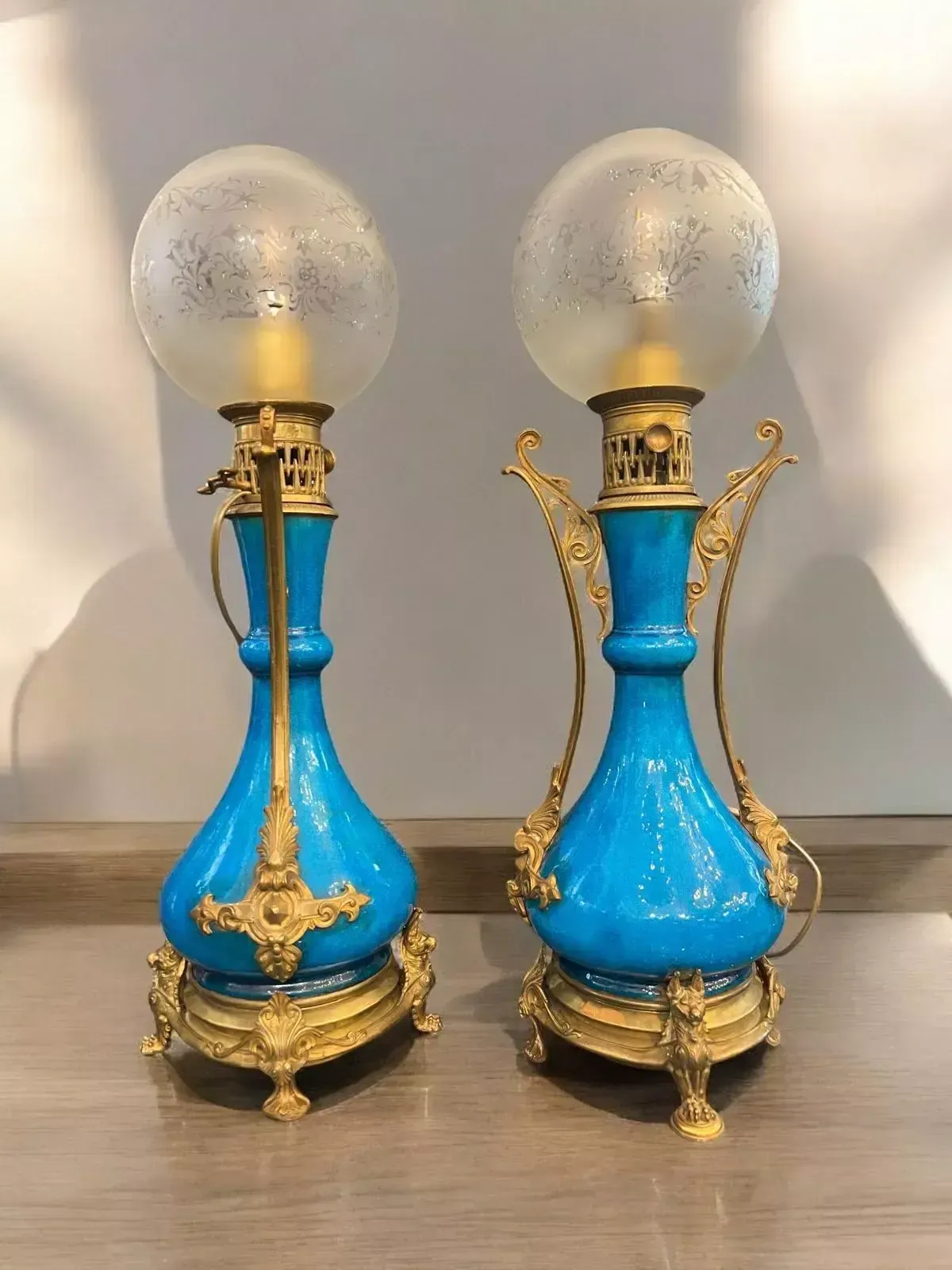 Pair Of Blue Glazed Earthenware Lamps In The Théodore Deck Style, 19th Century photo Lighting