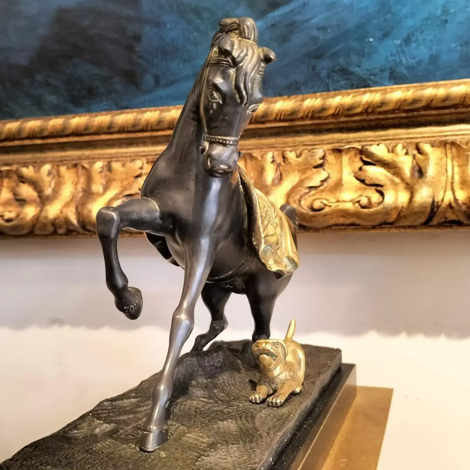 Home Decor Empire Clock In Representing A Horse And A Dog In Gilt Bronze, 19th Century photo