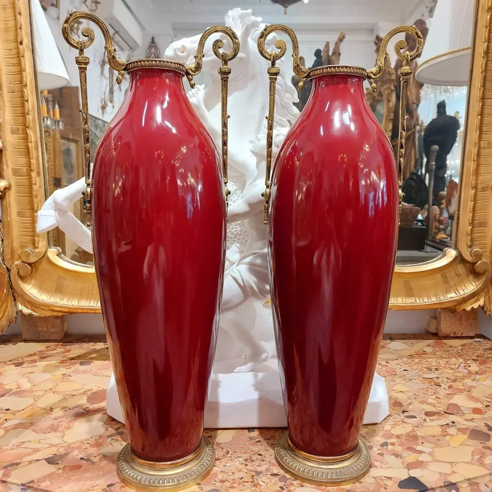 Pair Of 19th Century Classical Style Red Vases With Accents In Gilt Bronze photo for sale