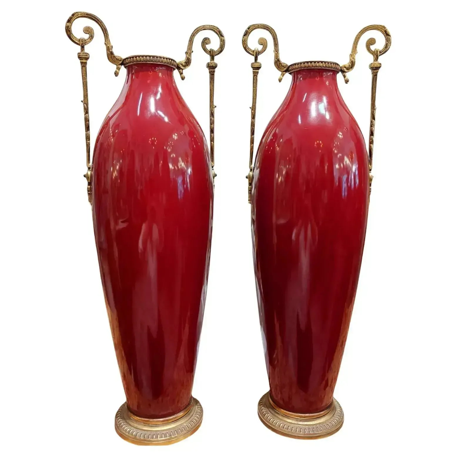 Pair Of 19th Century Classical Style Red Vases With Accents In Gilt Bronze