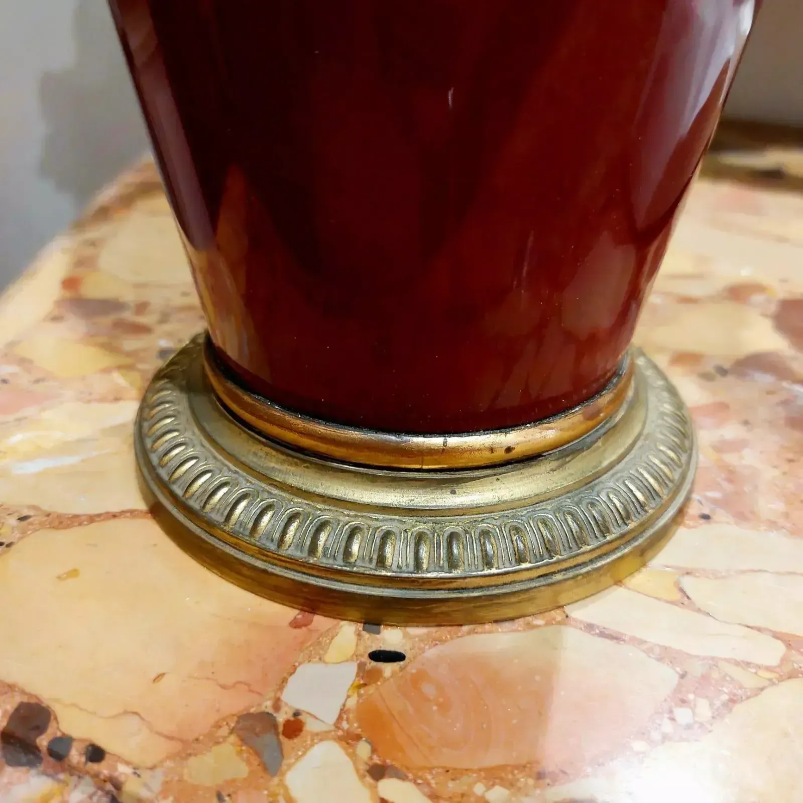 photo for sale Pair Of 19th Century Classical Style Red Vases With Accents In Gilt Bronze