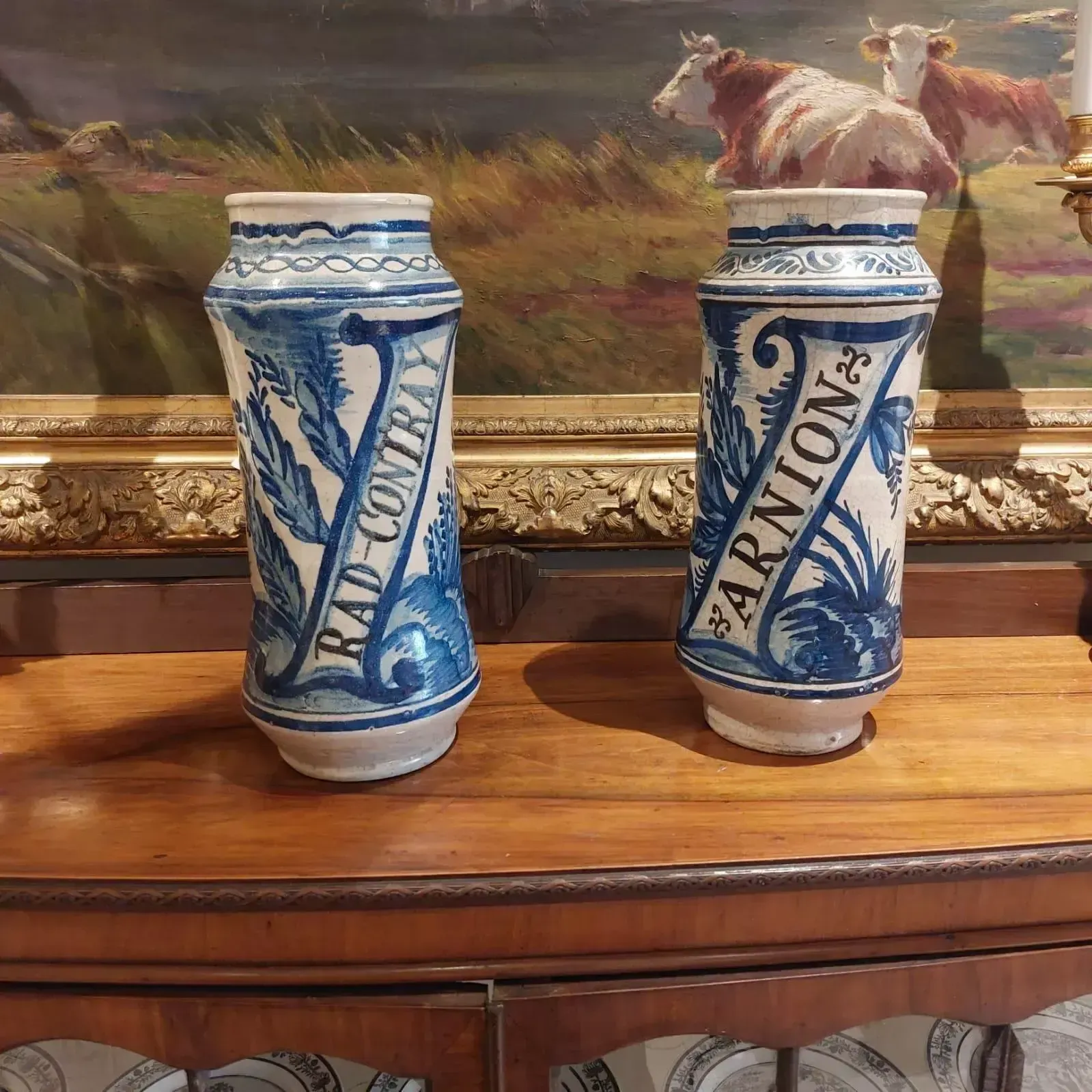 Pair Of 18th Century Albarello Drug Jars In Maiolica photo for sale