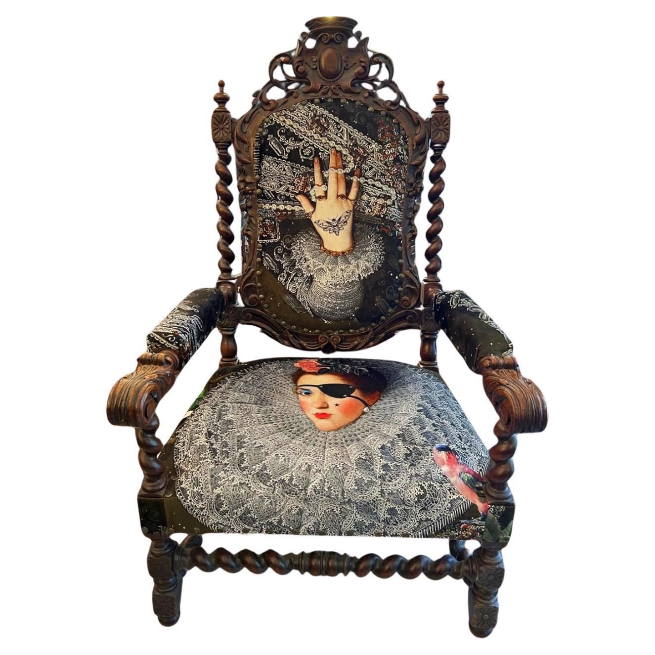 Unique And Large Carved Oak Armchair In Modern Fabric In The Style Of Louis XIII
