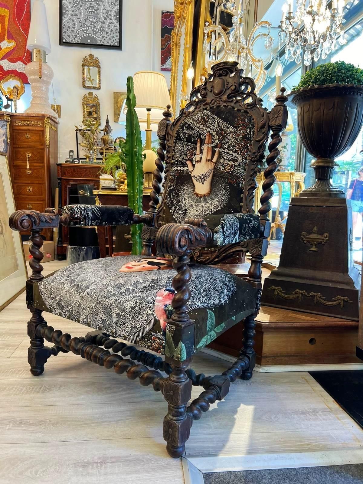 Unique And Large Carved Oak Armchair In Modern Fabric In The Style Of Louis XIII photo vinterior