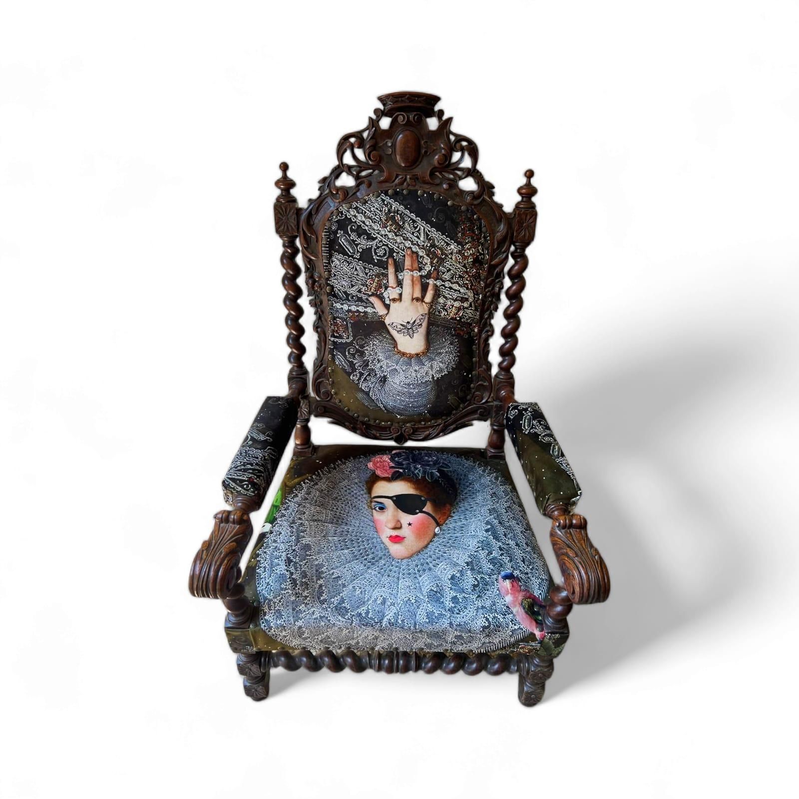 Unique And Large Carved Oak Armchair In Modern Fabric In The Style Of Louis XIII photo buy