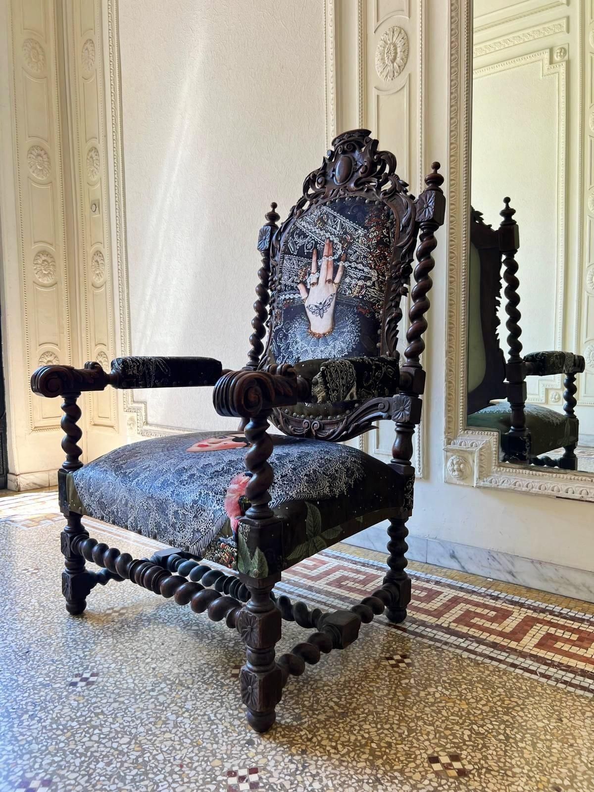 photo buy Unique And Large Carved Oak Armchair In Modern Fabric In The Style Of Louis XIII