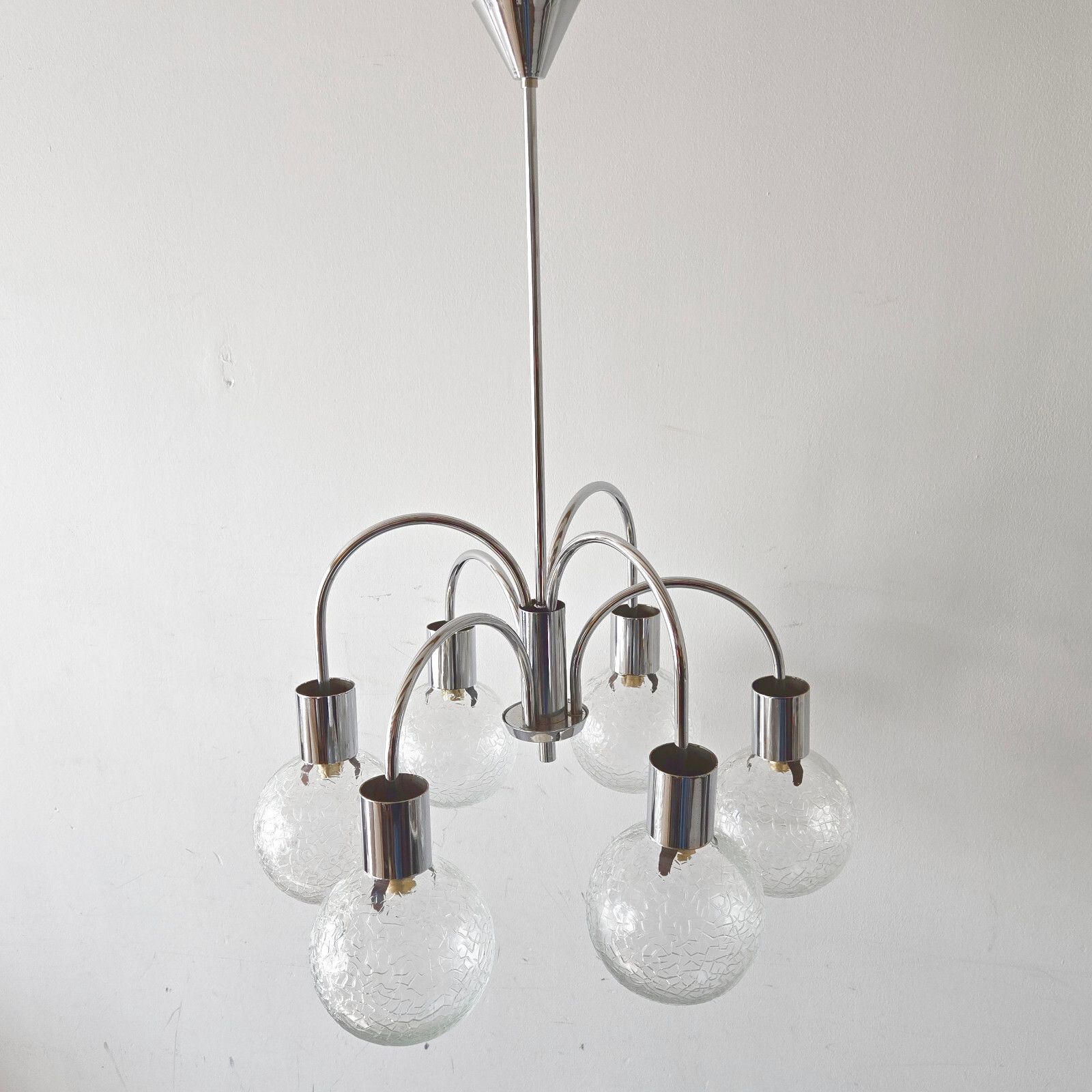 Vintage 1970s 6 Balls Glass Rib & Chrome Steel Ceiling Chandelier 70s Retro photo Lighting