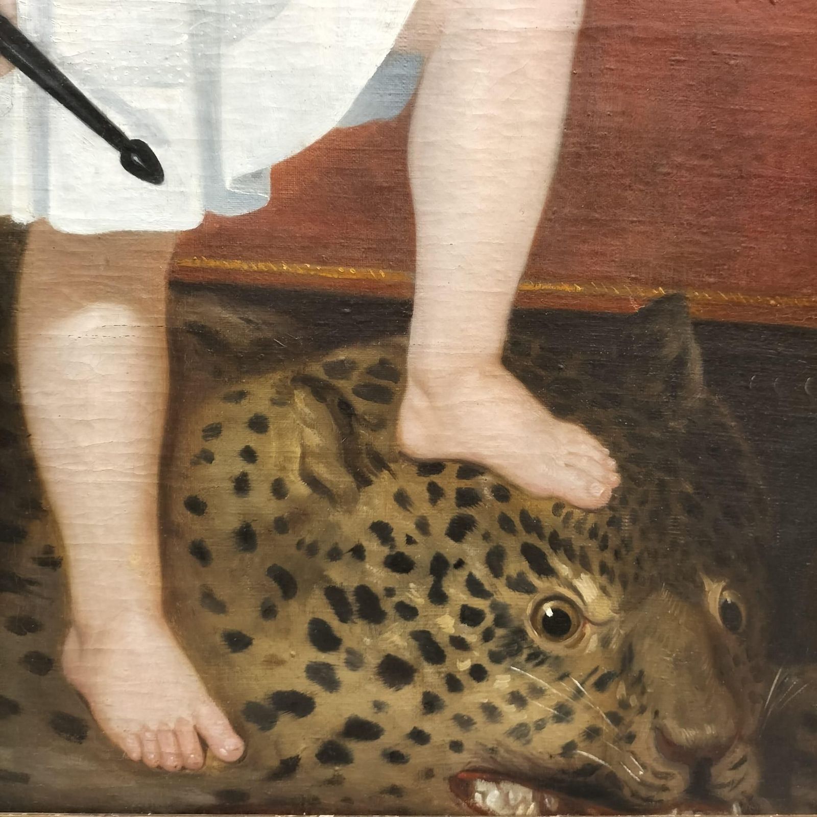 photo for sale 18th Century Oil Painting Of Child With Tambourine Walking On A Panthera