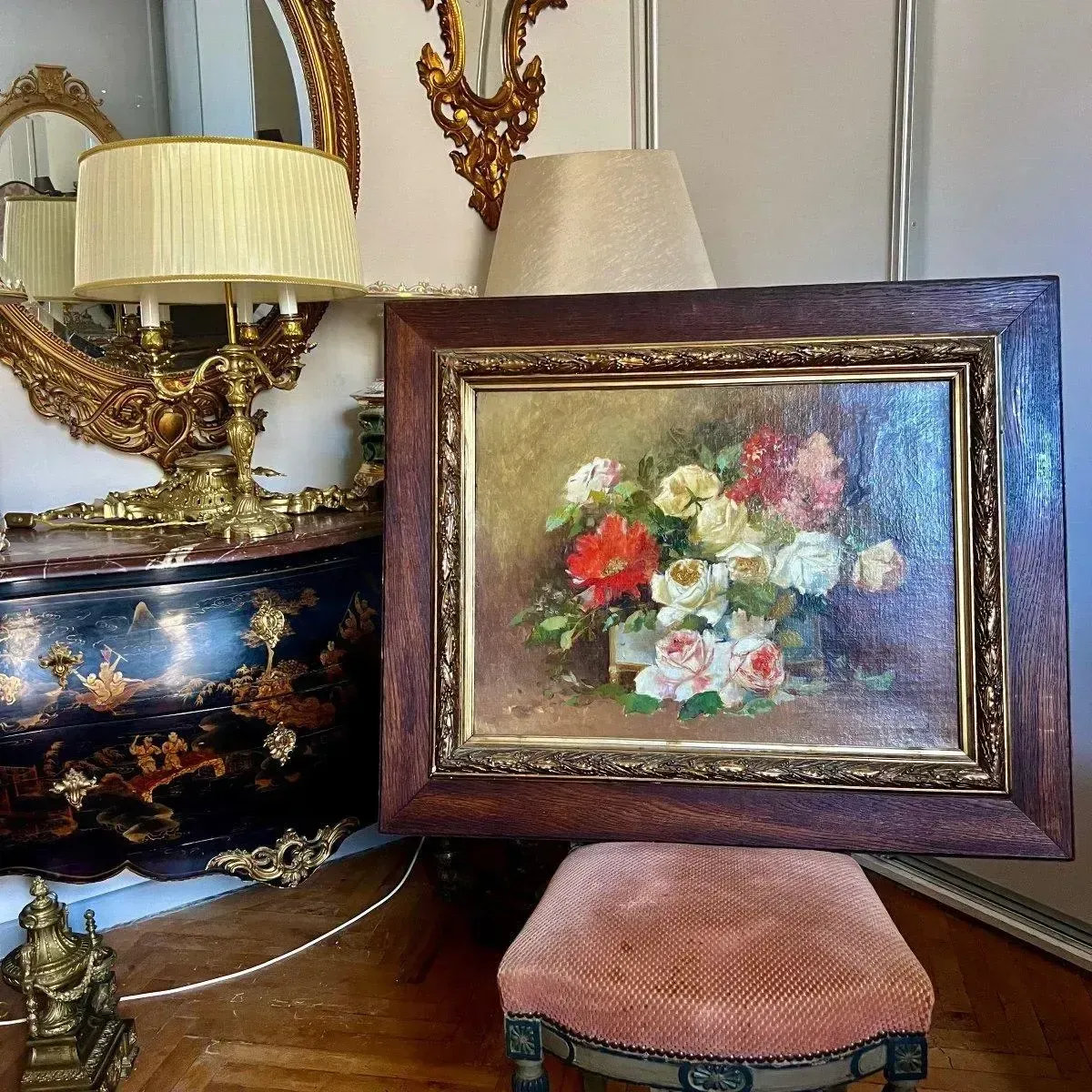 19th Century Large Still Life Oil On Canvas Painting Rose Bouquet photo for sale