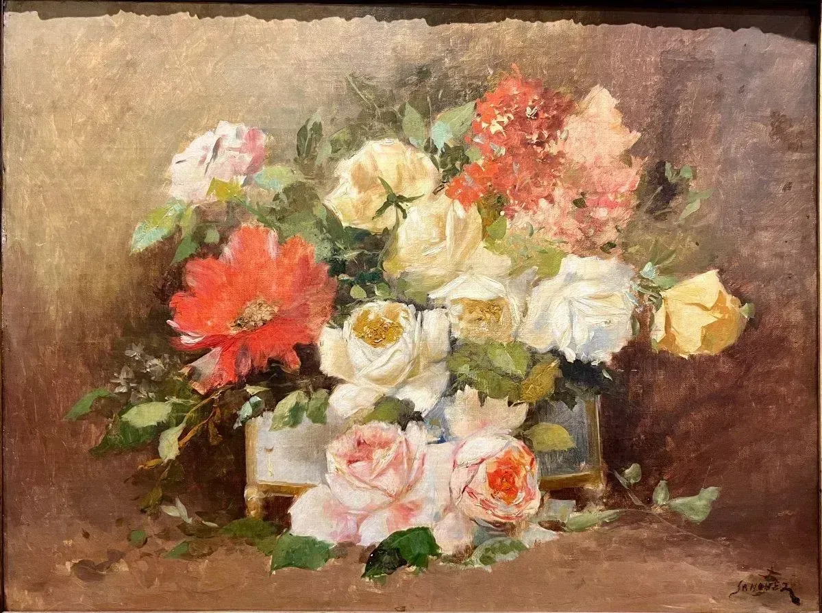 19th Century Large Still Life Oil On Canvas Painting Rose Bouquet photo Art