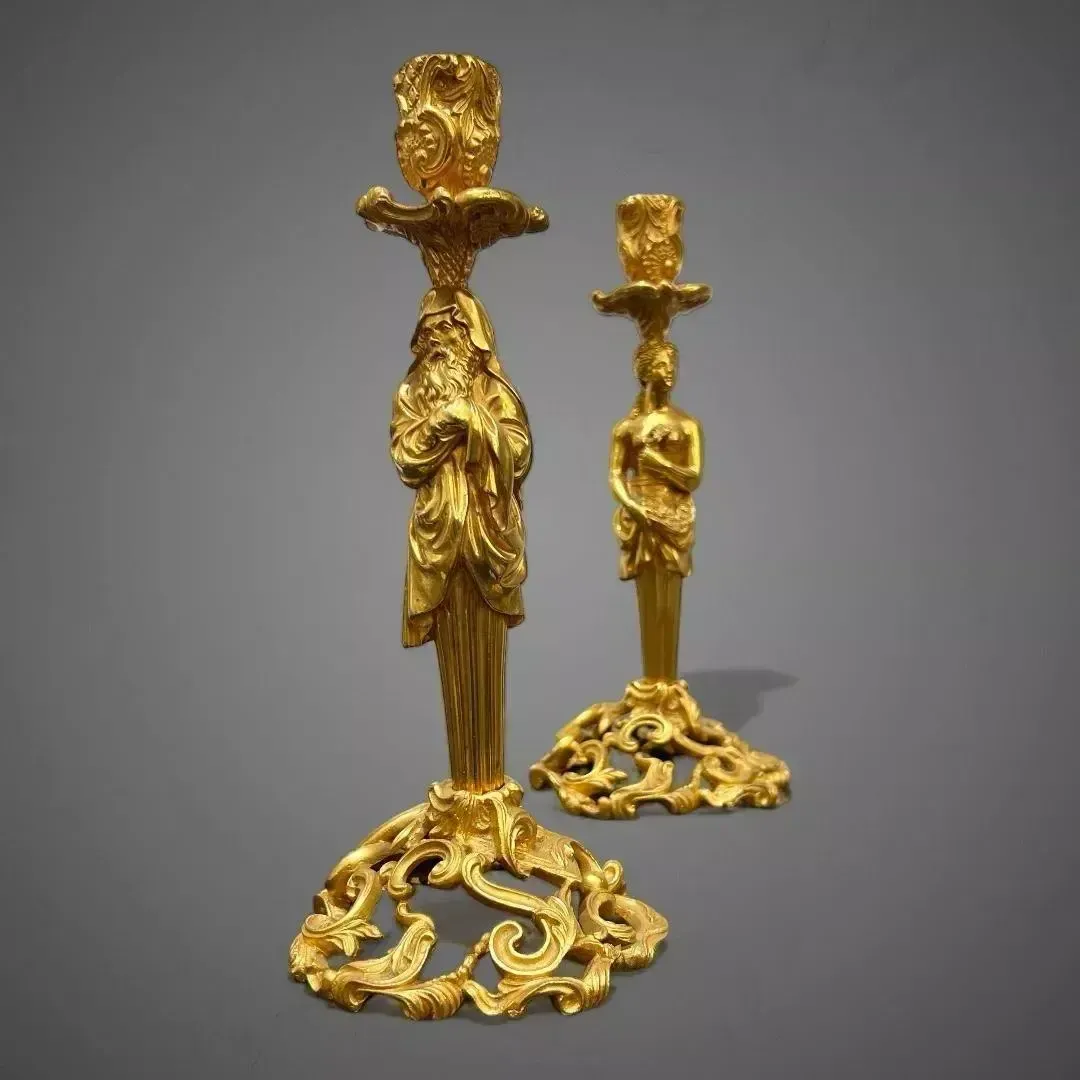 19th Century Pair Of Candlesticks In Gilt Bronze photo vintage