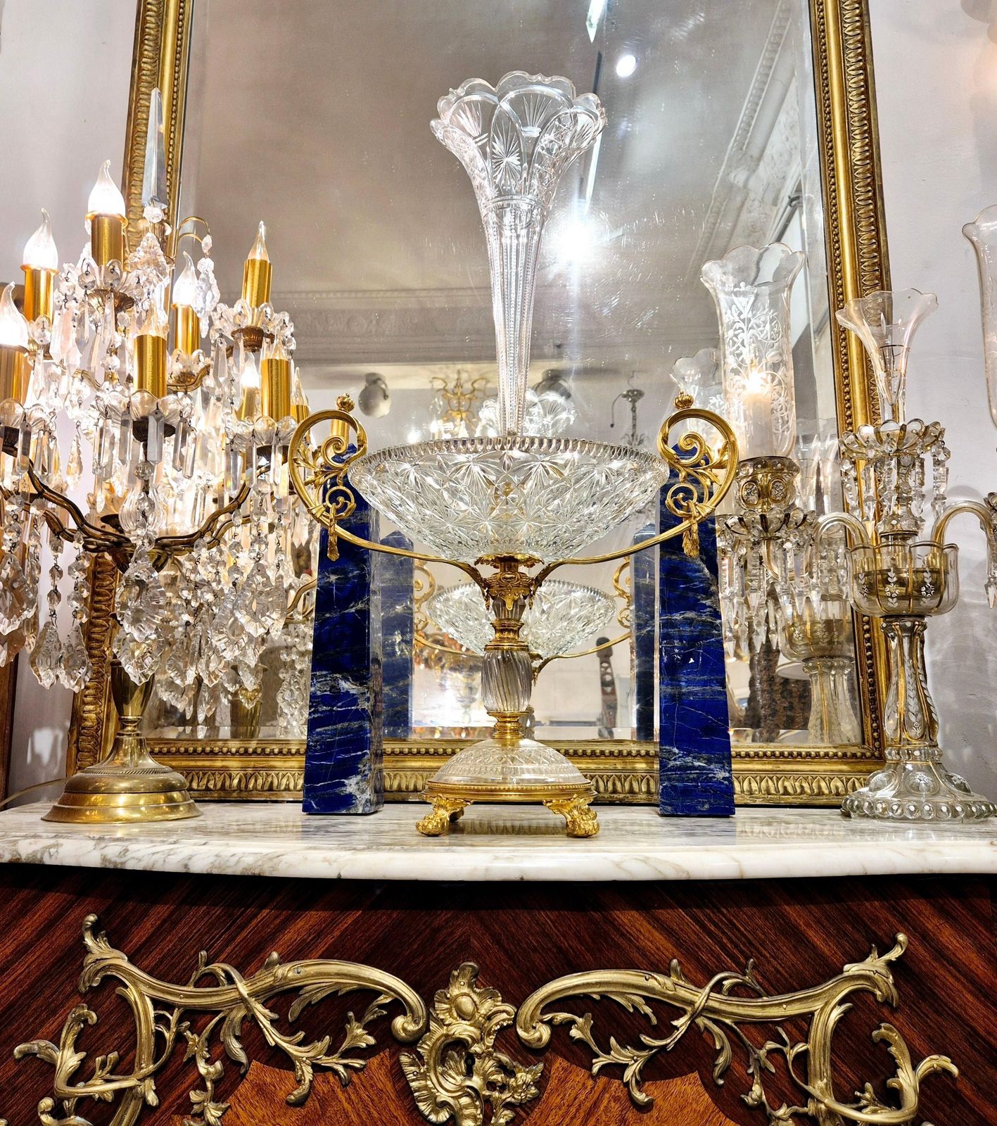Baccarat Cut Crystal Centerpiece Mounted On Chiseled Gilt Bronze, 19th Century photo vintage