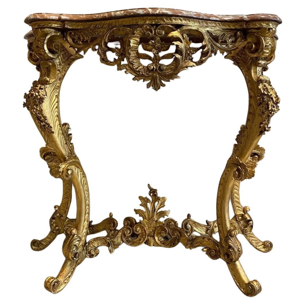 19th Century Louis XV Gilt Wood Console Table With Marble Top